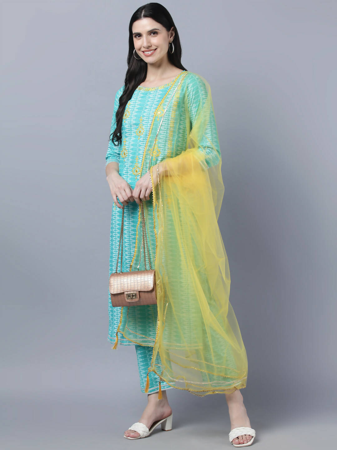 Myshka Women Turquoise Blue Layered Pure Cotton Kurti with Trousers With Dupatta Set