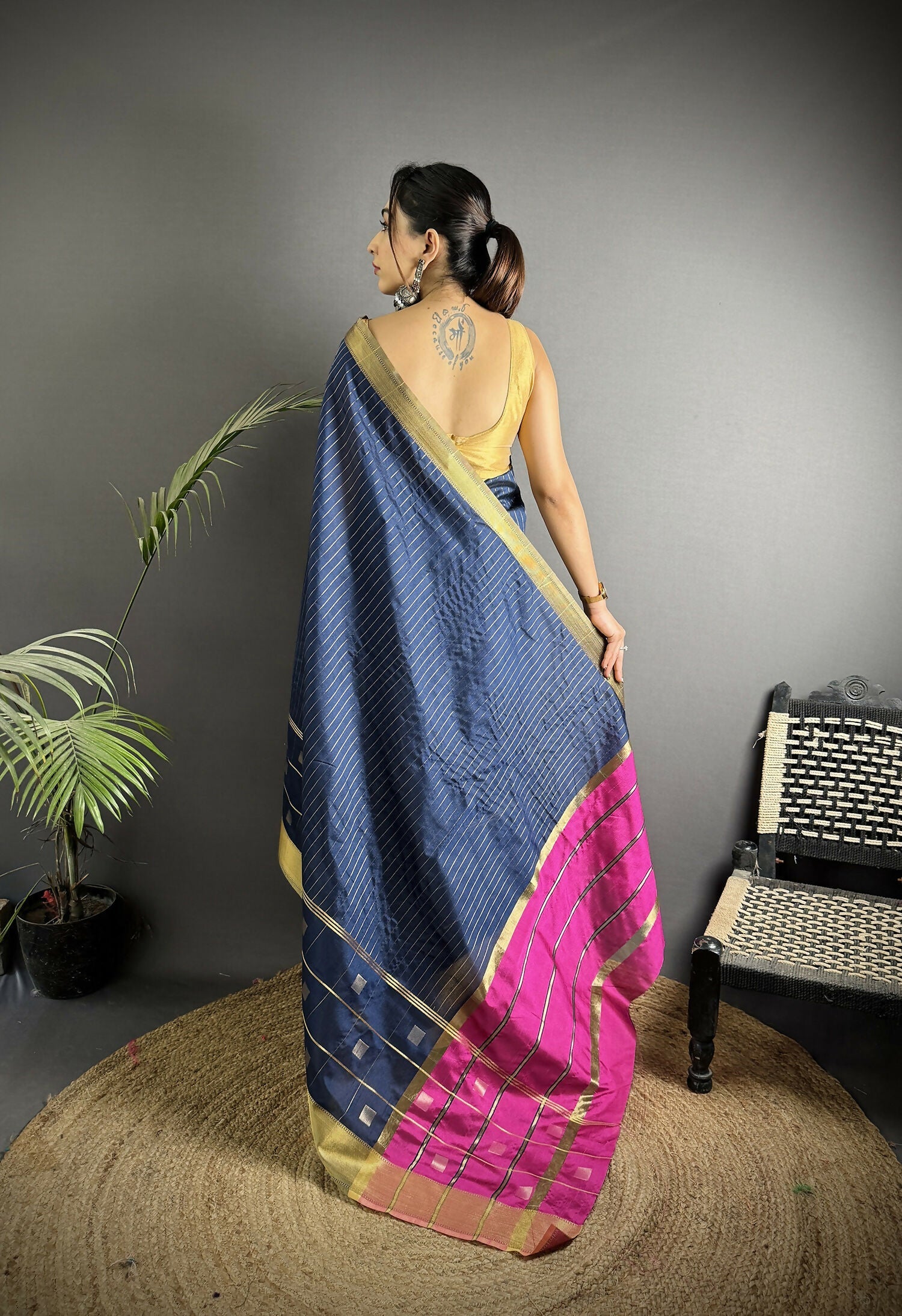 Joban Fashion Navy Blue Bhagalpuri Cotton Silk Stripes/Box Saree