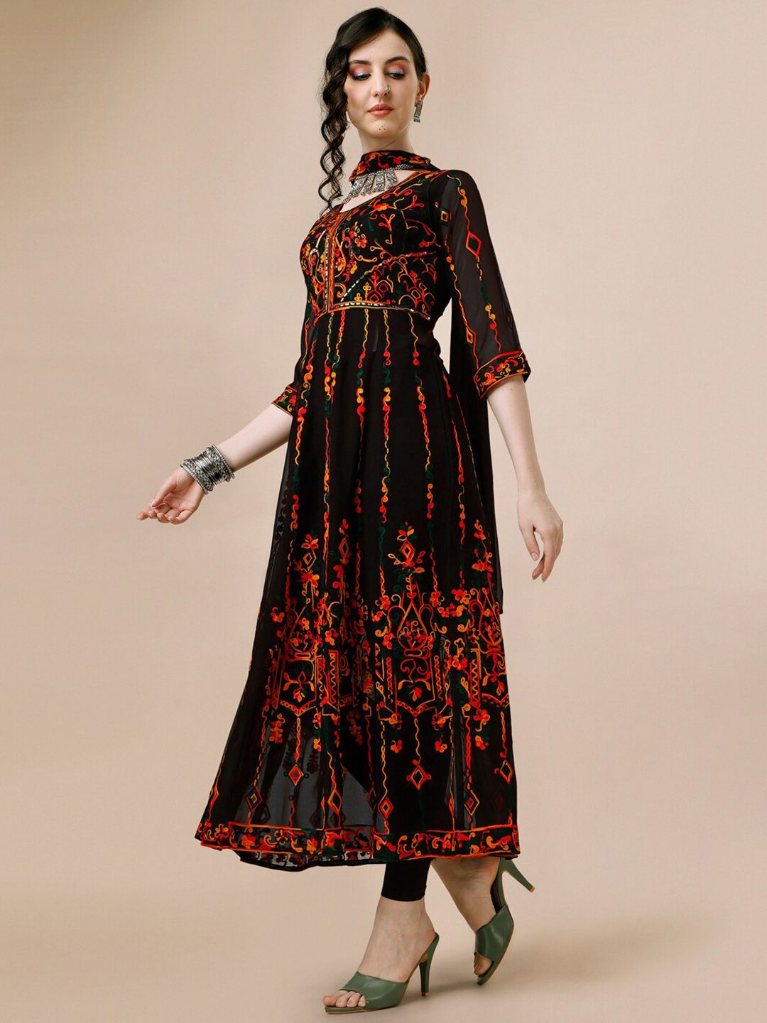 Kalini Floral Thread Work Pleated Anarkali Kurta with Dupatta | Grab2Buy