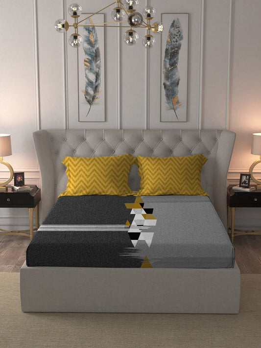 MYTRIDENT Grey Melange White Geometric Cotton 144 TC Queen Bedsheet With 2 Pillow Covers 