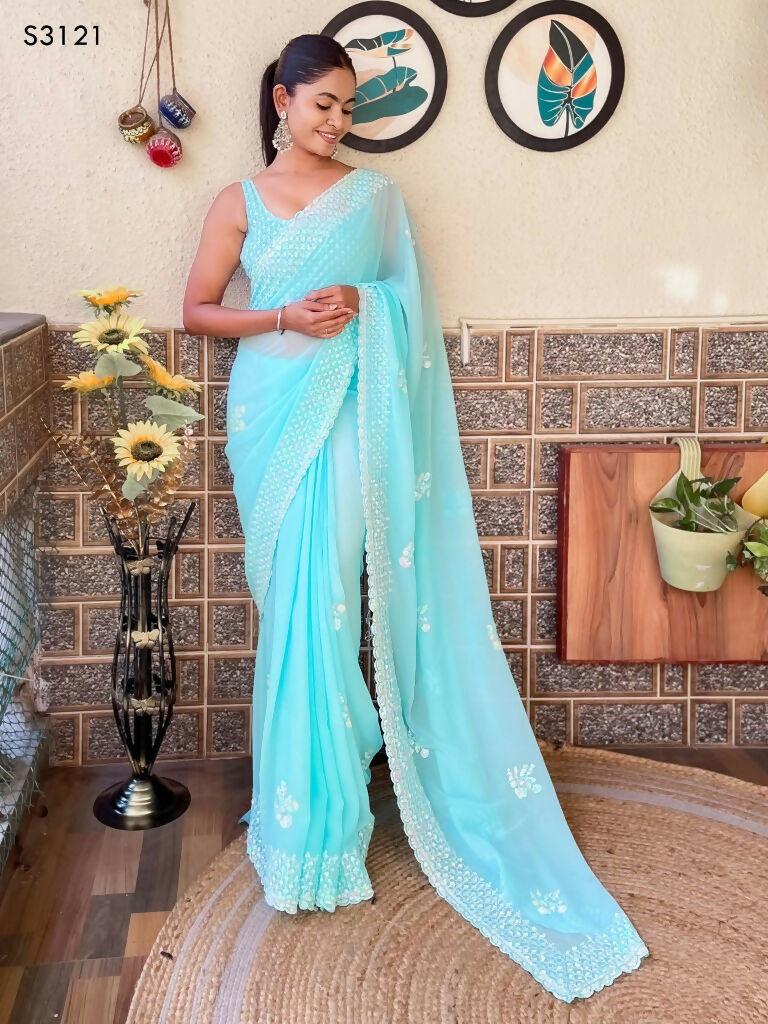 Sky Blue Georgette Sequence Embroidery Cut Work Saree - Saadia