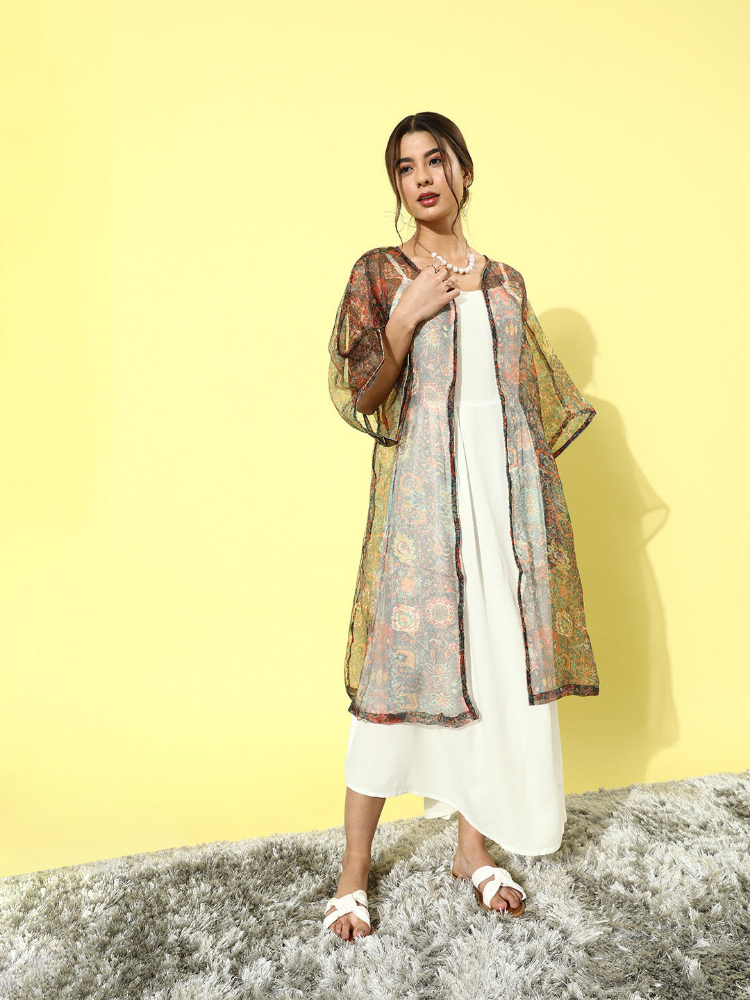 InWeave Cream - Multi Colour Organza Cape Set 