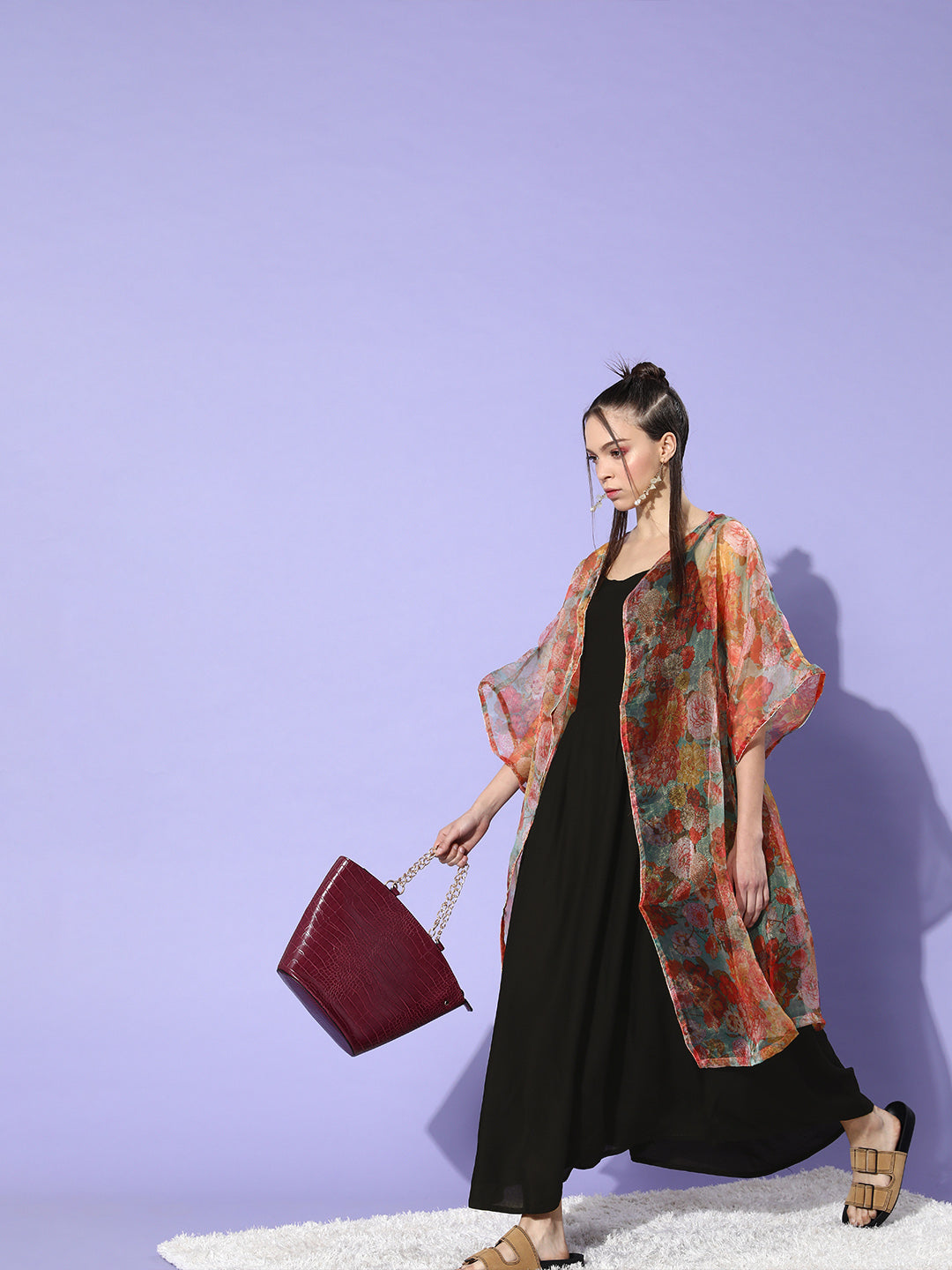 InWeave Black -Orange Organza Cape Set 
