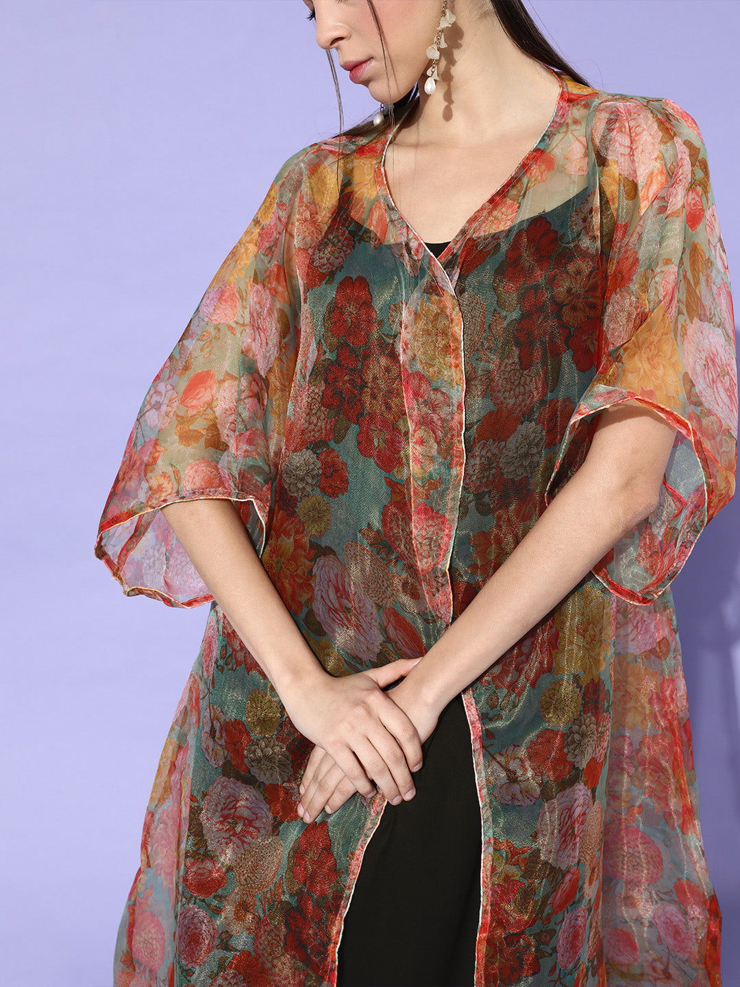 InWeave Black -Orange Organza Cape Set 