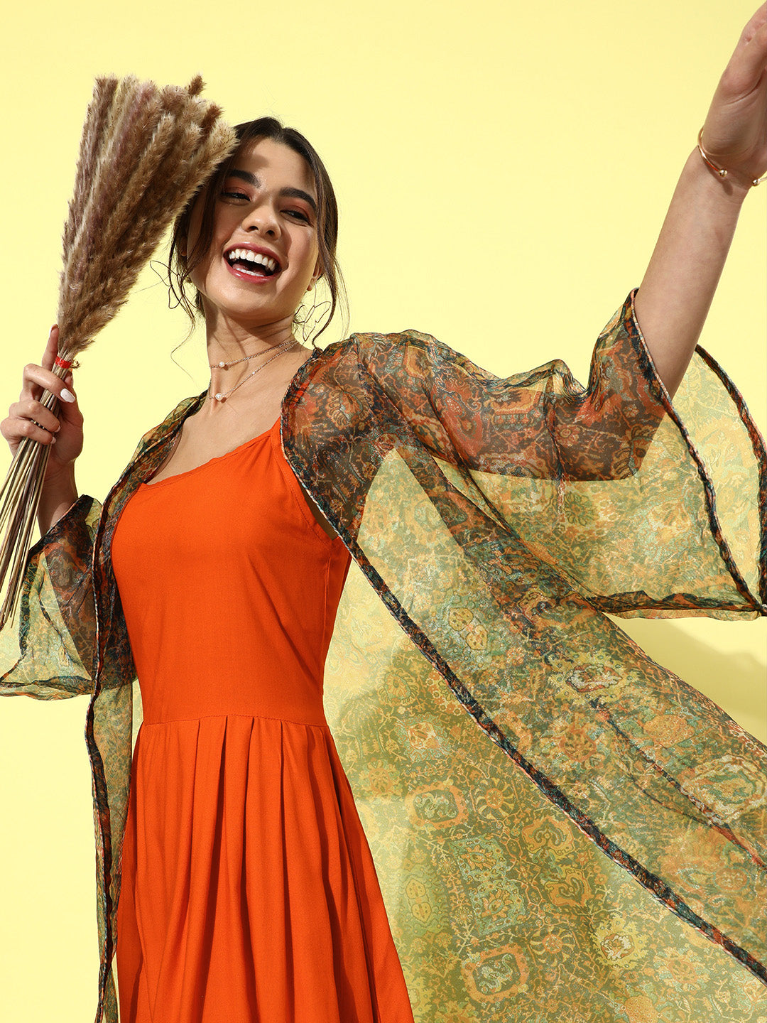 InWeave Orange - Multi Printed Organza Cape Set 