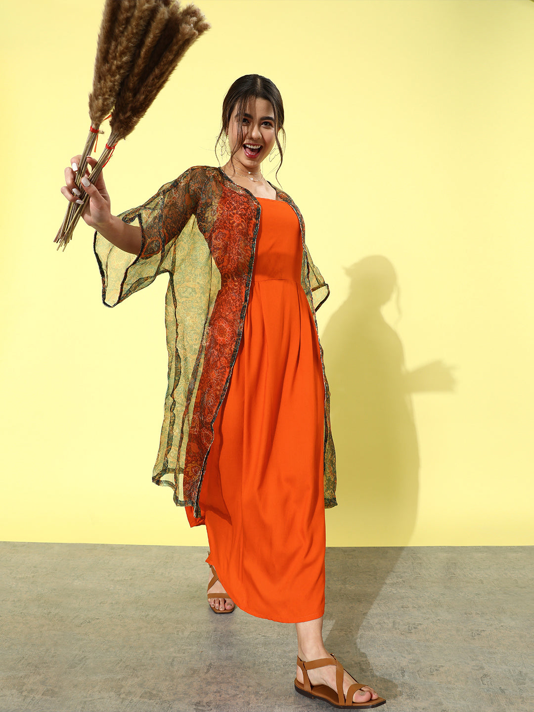 InWeave Orange - Multi Printed Organza Cape Set 