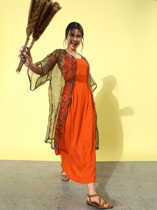 InWeave Orange - Multi Printed Organza Cape Set 