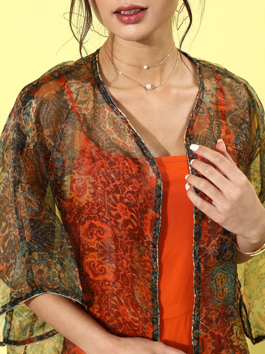 InWeave Orange - Multi Printed Organza Cape Set 