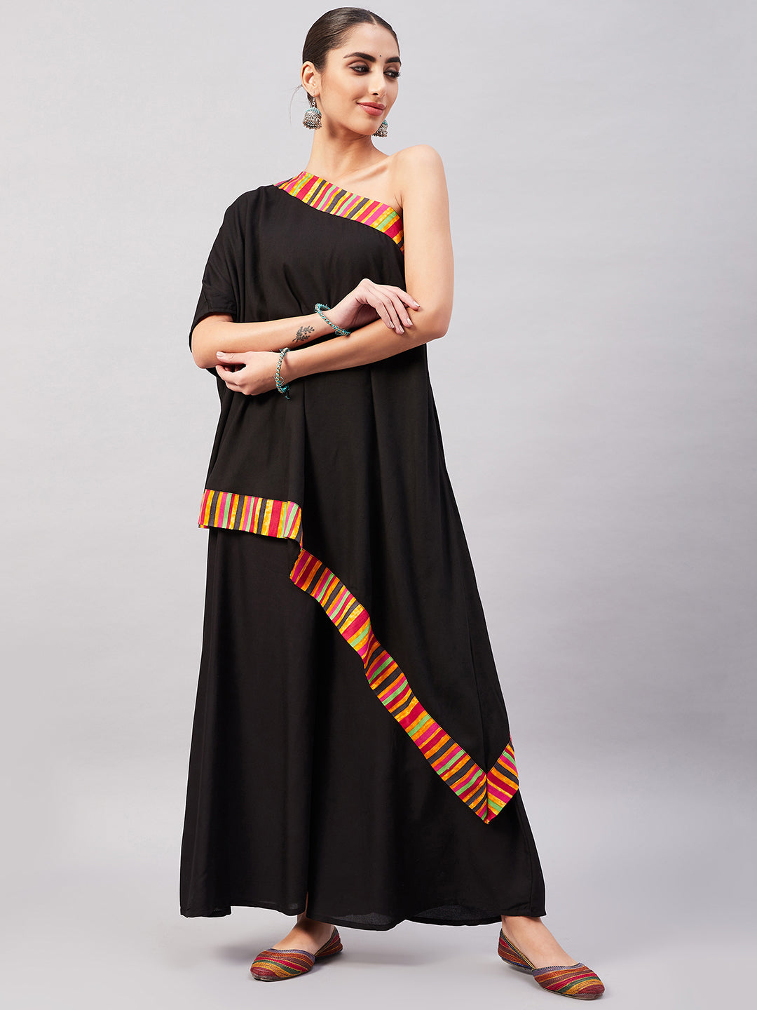 InWeave Women's Black Multi Striped One Shoulder Kurta Set 