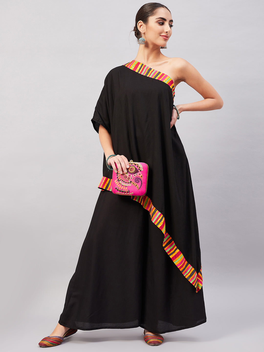 InWeave Women's Black Multi Striped One Shoulder Kurta Set 