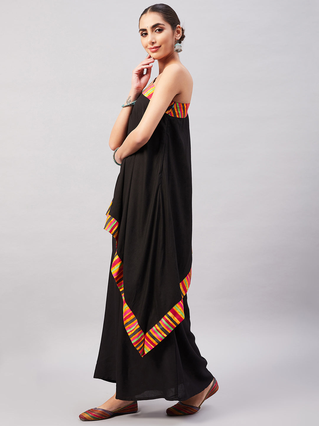 InWeave Women's Black Multi Striped One Shoulder Kurta Set 
