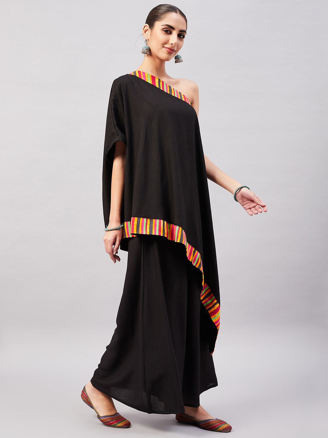 InWeave Women's Black Multi Striped One Shoulder Kurta Set 