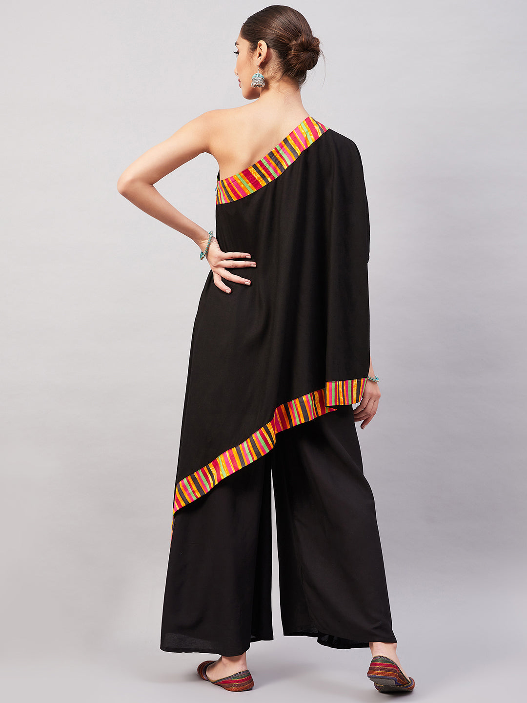 InWeave Women's Black Multi Striped One Shoulder Kurta Set 