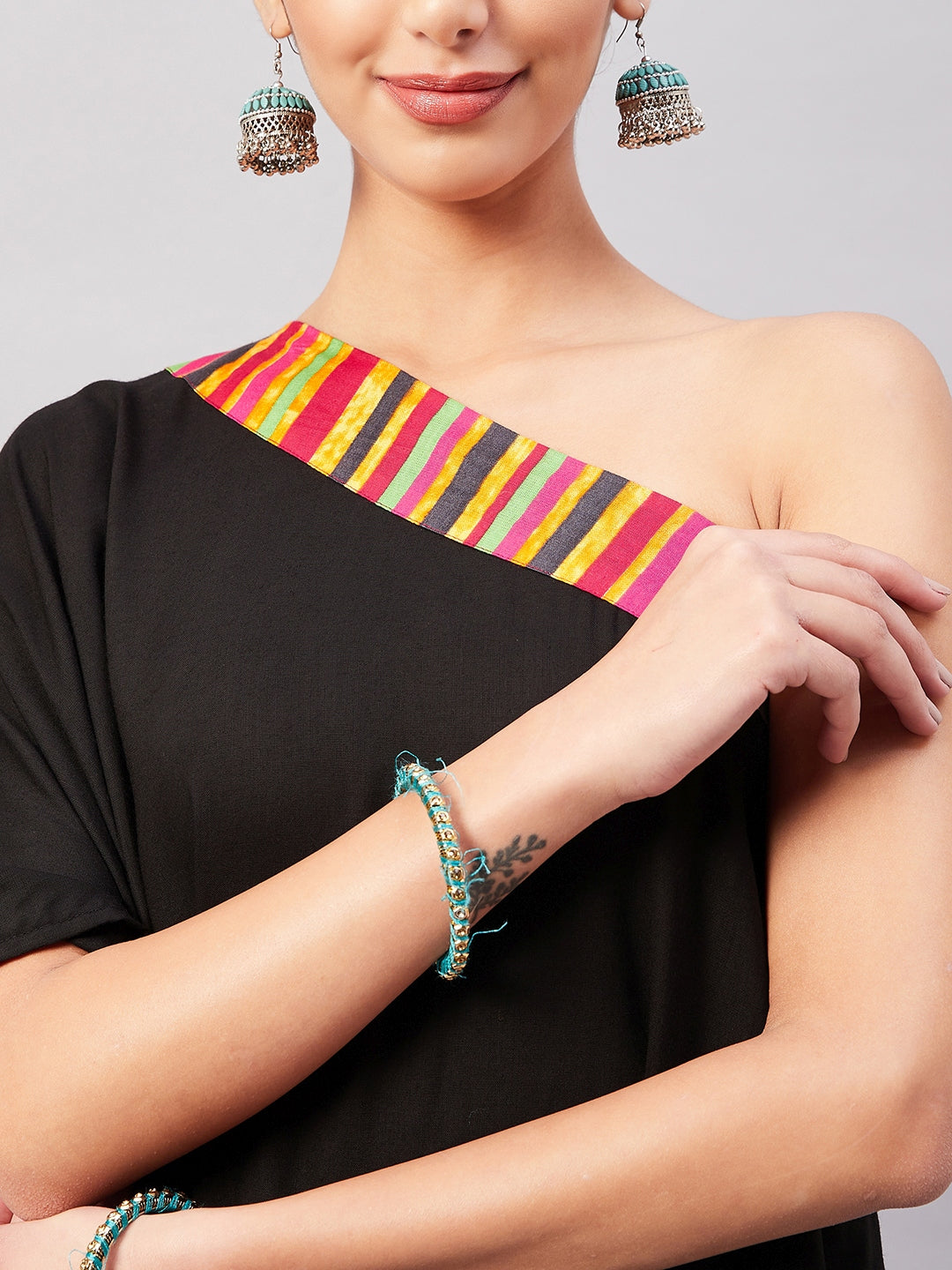 InWeave Women's Black Multi Striped One Shoulder Kurta Set 