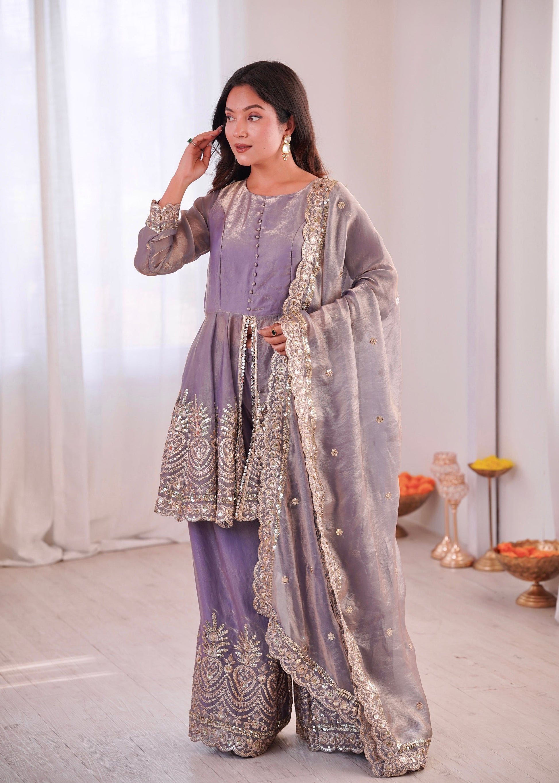 Lorenvalley Fashion Lavender Fendy Satin Embroidery Sequins work with Real Mirror Kurta Palazzo with Dupatta