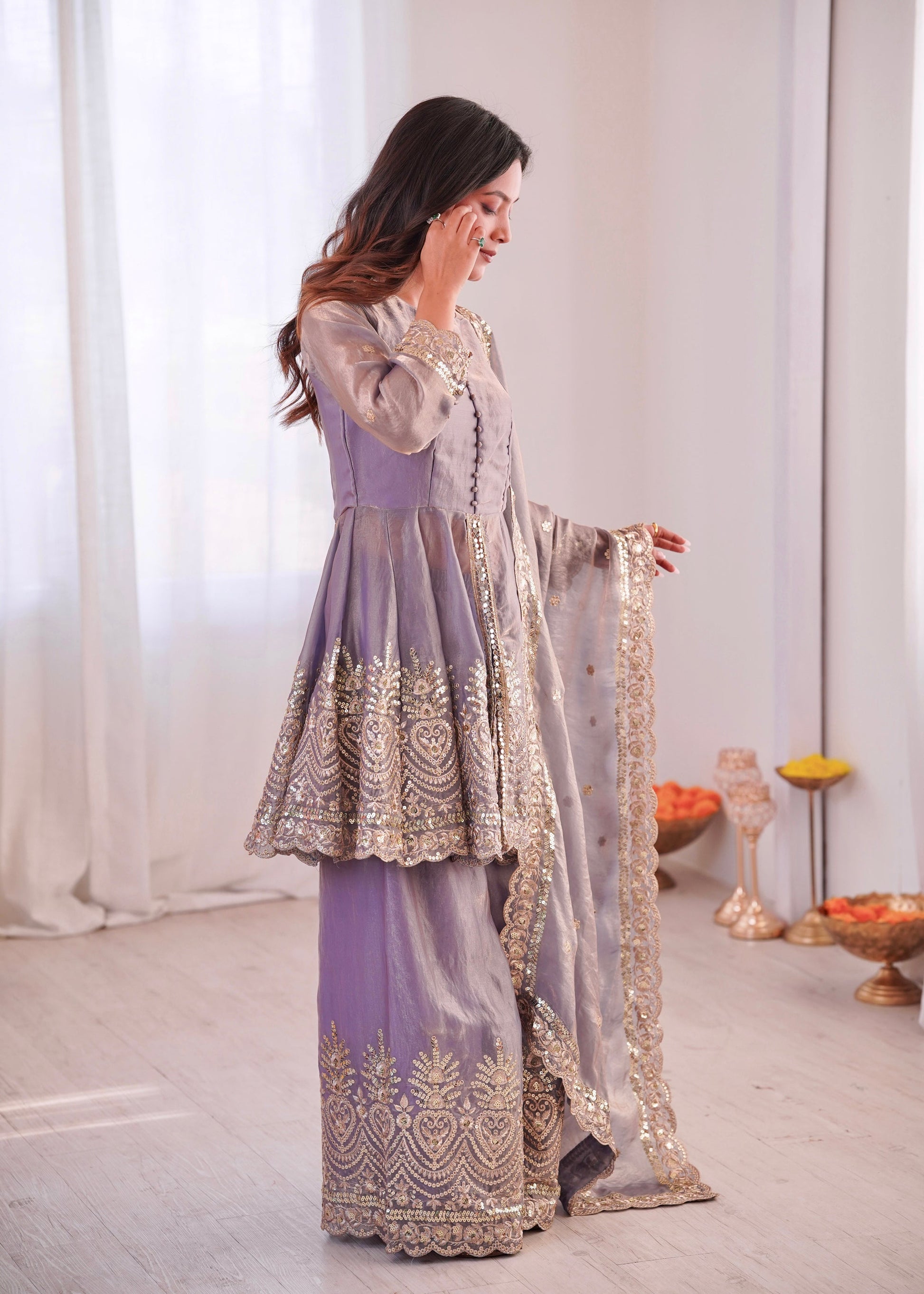 Lorenvalley Fashion Lavender Fendy Satin Embroidery Sequins work with Real Mirror Kurta Palazzo with Dupatta