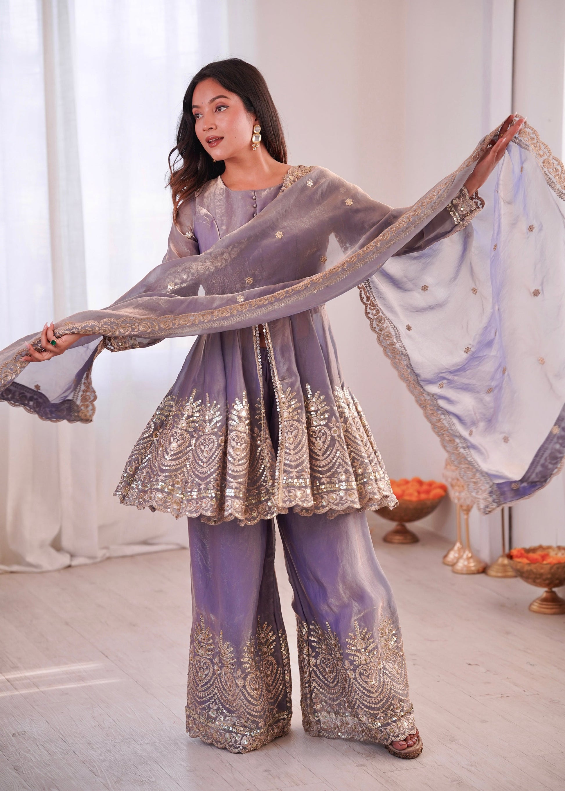 Lorenvalley Fashion Lavender Fendy Satin Embroidery Sequins work with Real Mirror Kurta Palazzo with Dupatta