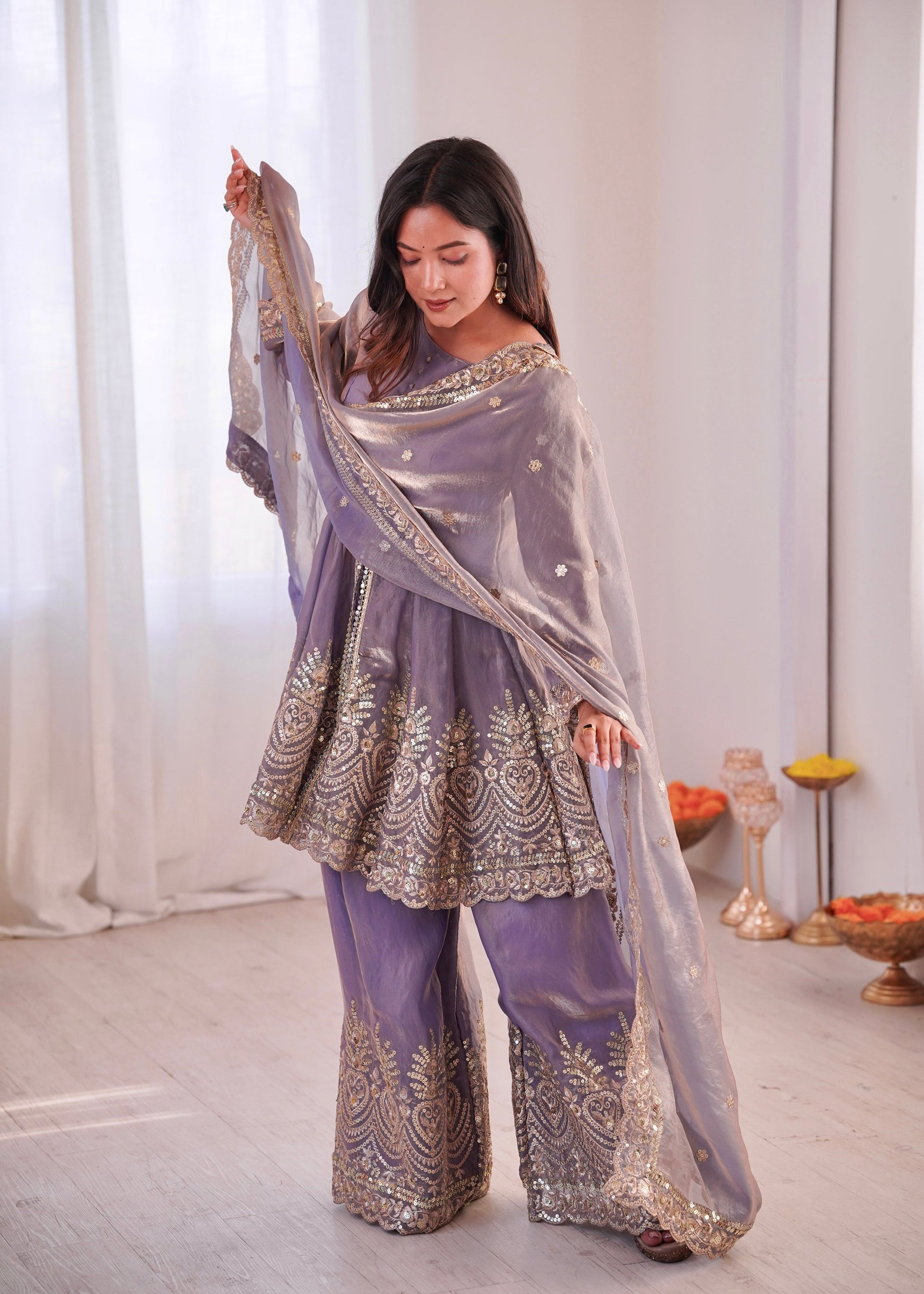 Lorenvalley Fashion Lavender Fendy Satin Embroidery Sequins work with Real Mirror Kurta Palazzo with Dupatta