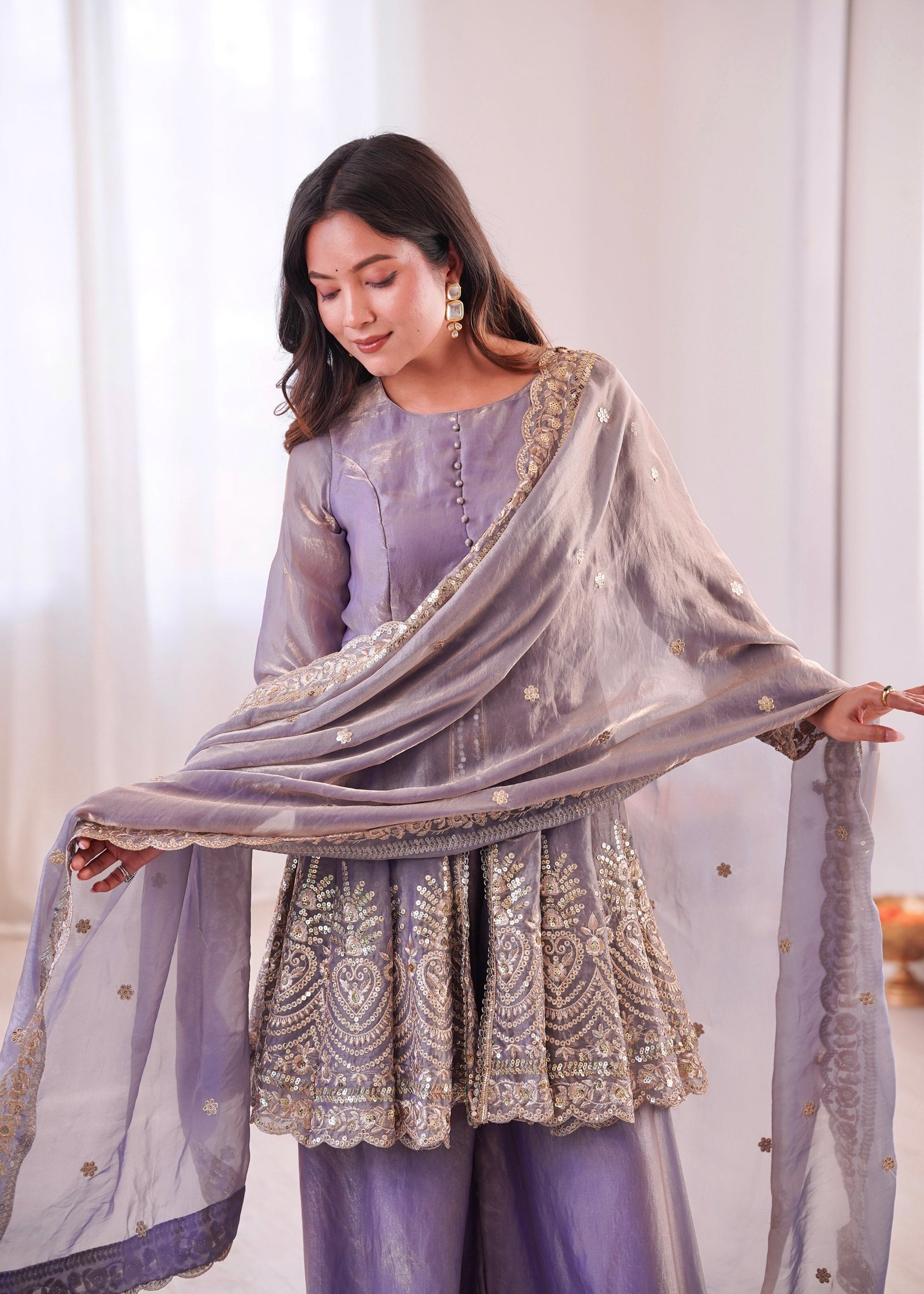 Lorenvalley Fashion Lavender Fendy Satin Embroidery Sequins work with Real Mirror Kurta Palazzo with Dupatta