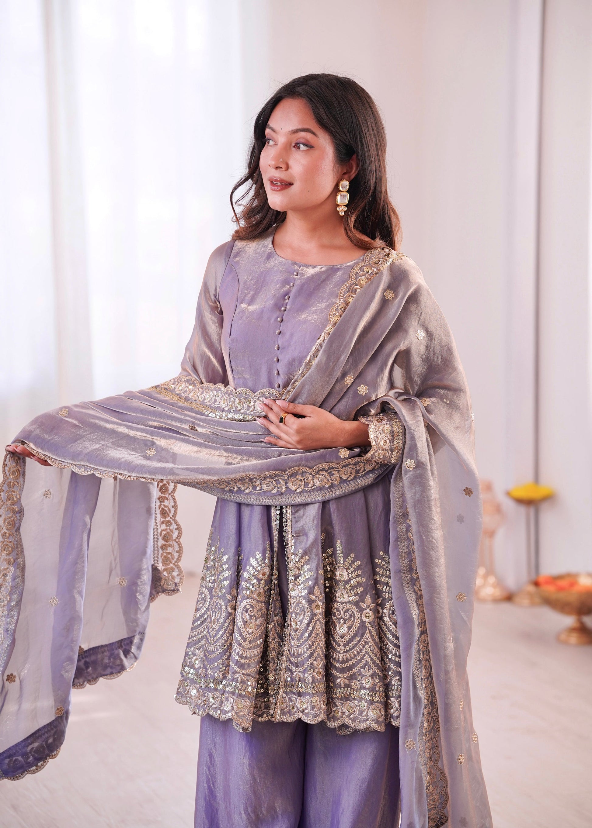 Lorenvalley Fashion Lavender Fendy Satin Embroidery Sequins work with Real Mirror Kurta Palazzo with Dupatta