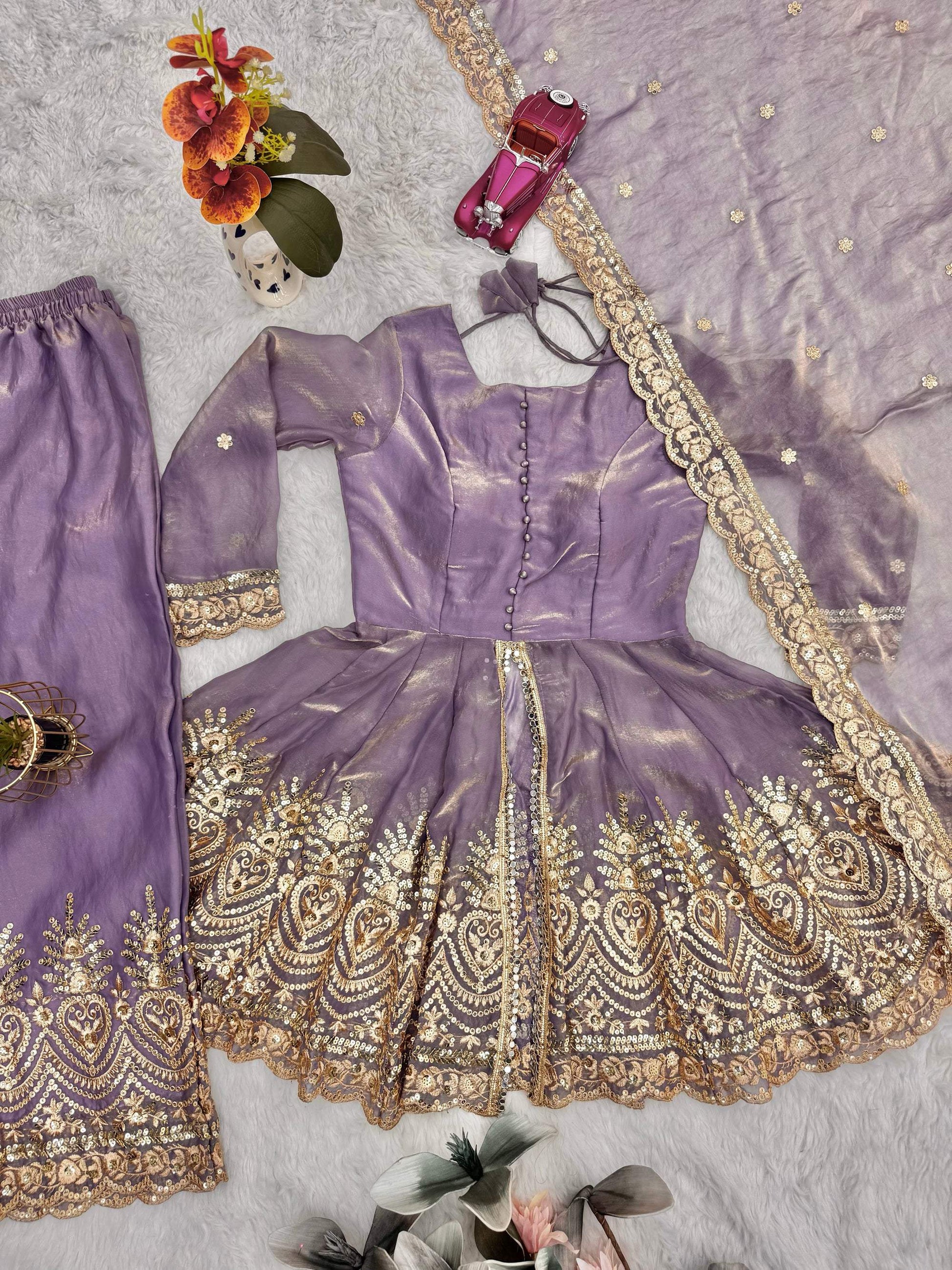 Lorenvalley Fashion Lavender Fendy Satin Embroidery Sequins work with Real Mirror Kurta Palazzo with Dupatta