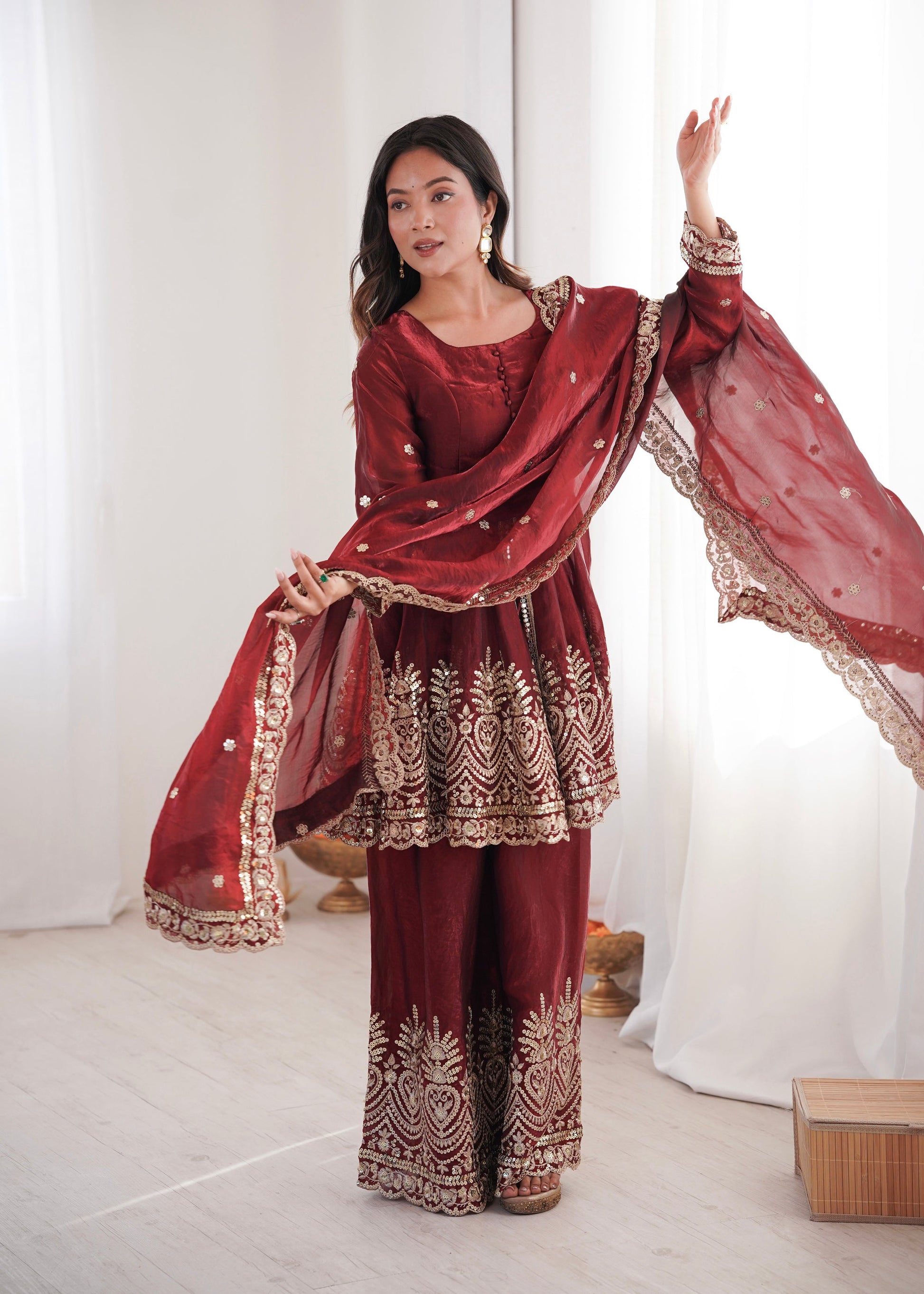 Lorenvalley Fashion Maroon Fendy Satin Embroidery Sequins work with Real Mirror Kurta Palazzo with Dupatta