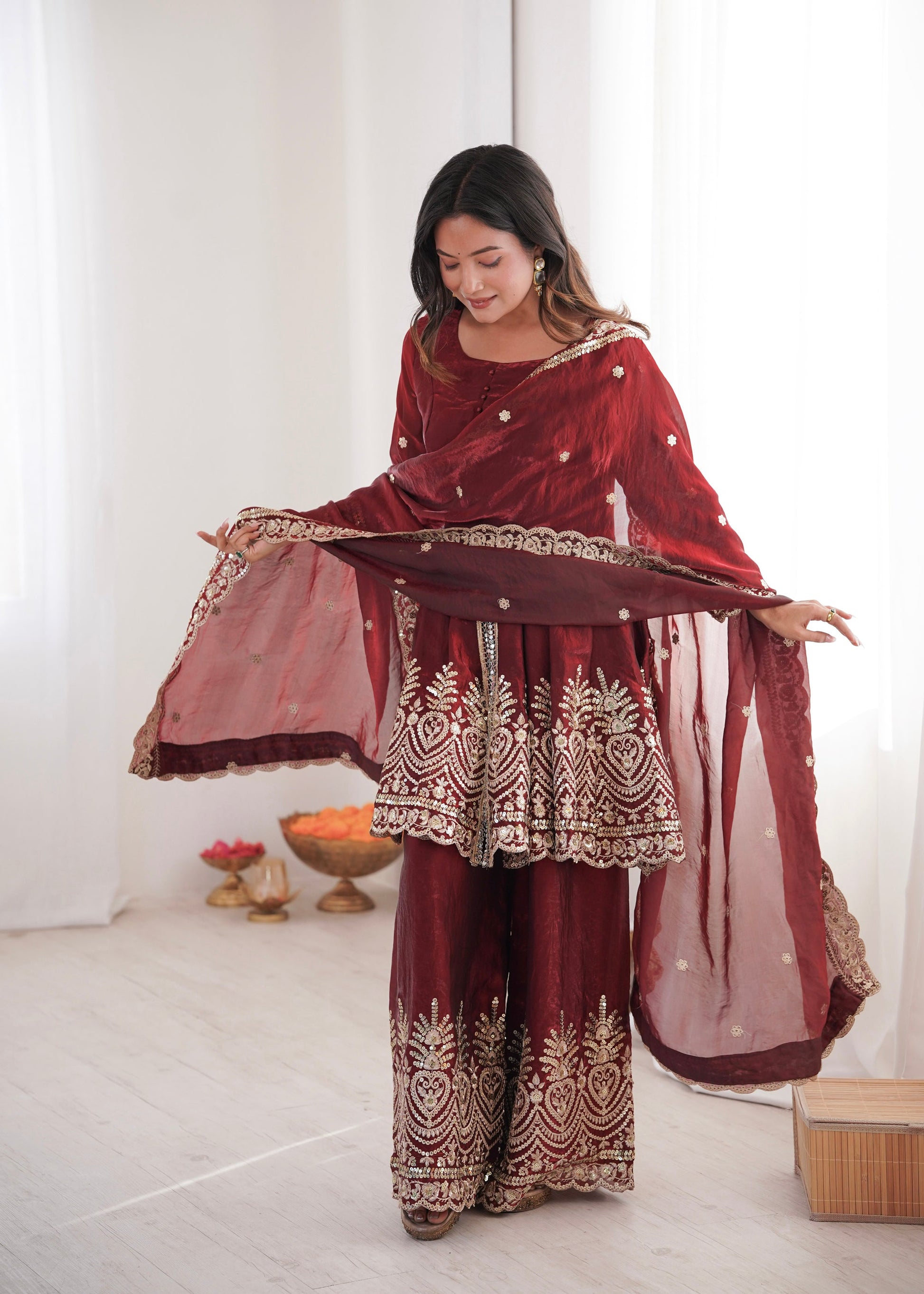 Lorenvalley Fashion Maroon Fendy Satin Embroidery Sequins work with Real Mirror Kurta Palazzo with Dupatta