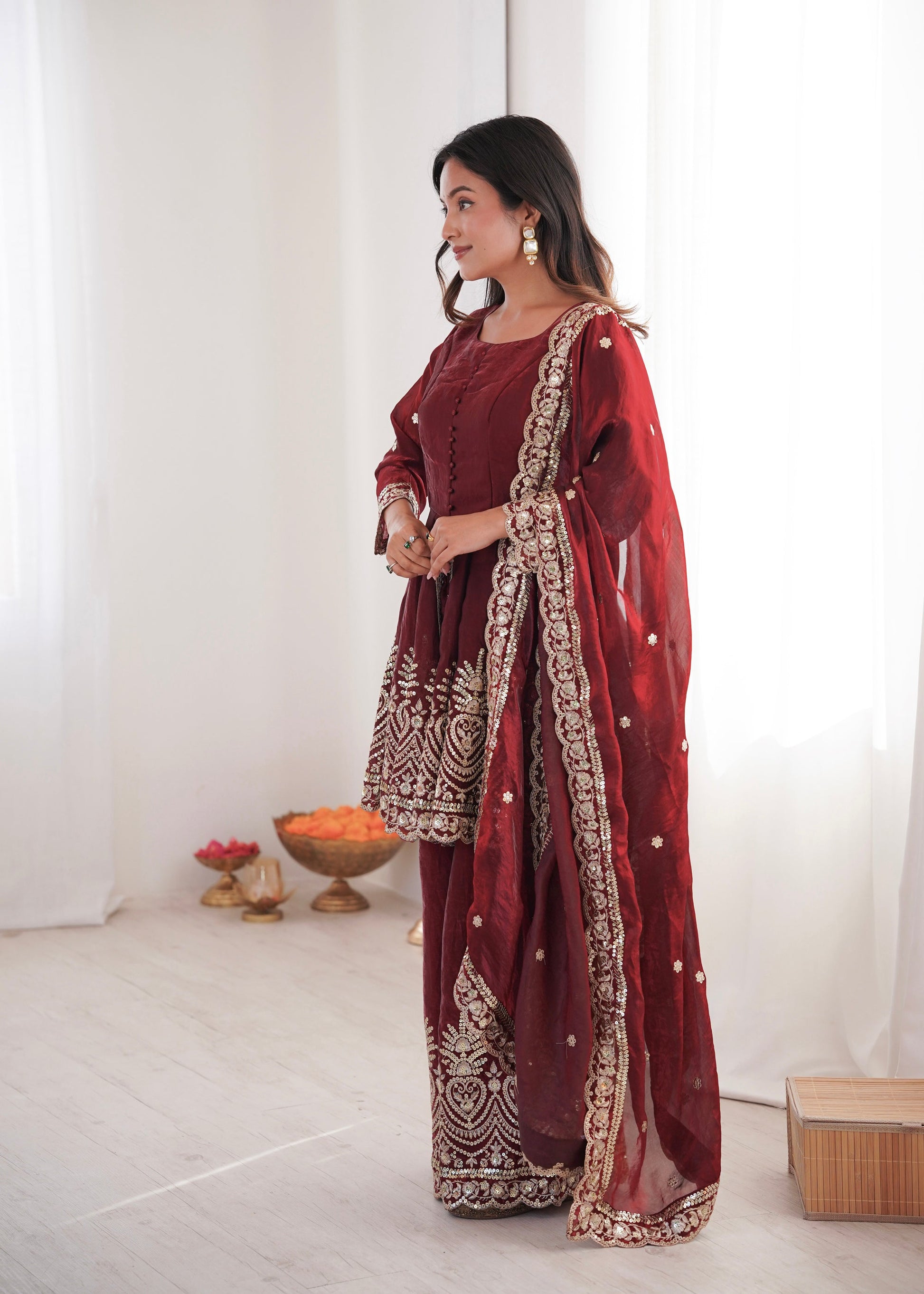 Lorenvalley Fashion Maroon Fendy Satin Embroidery Sequins work with Real Mirror Kurta Palazzo with Dupatta