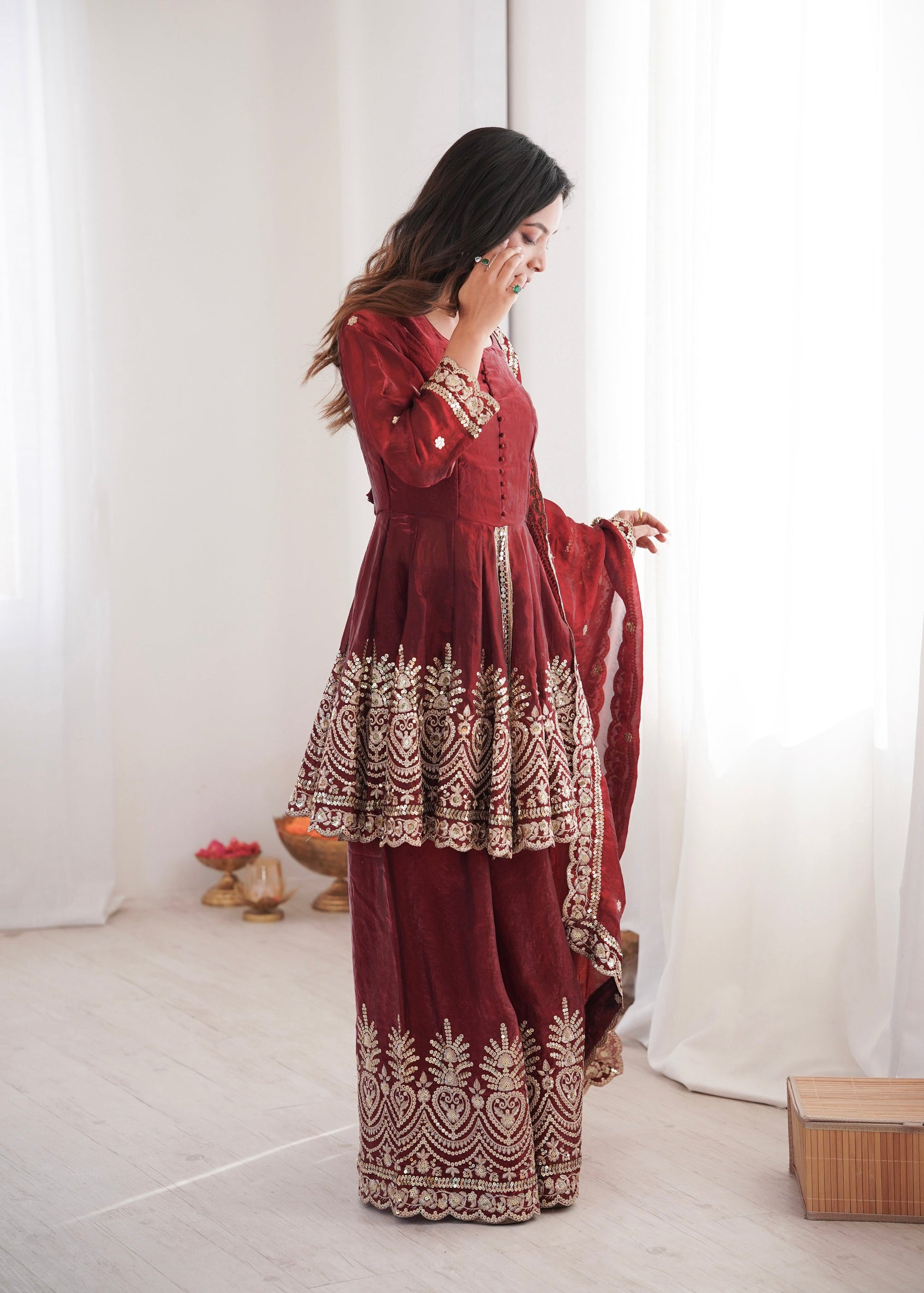Lorenvalley Fashion Maroon Fendy Satin Embroidery Sequins work with Real Mirror Kurta Palazzo with Dupatta