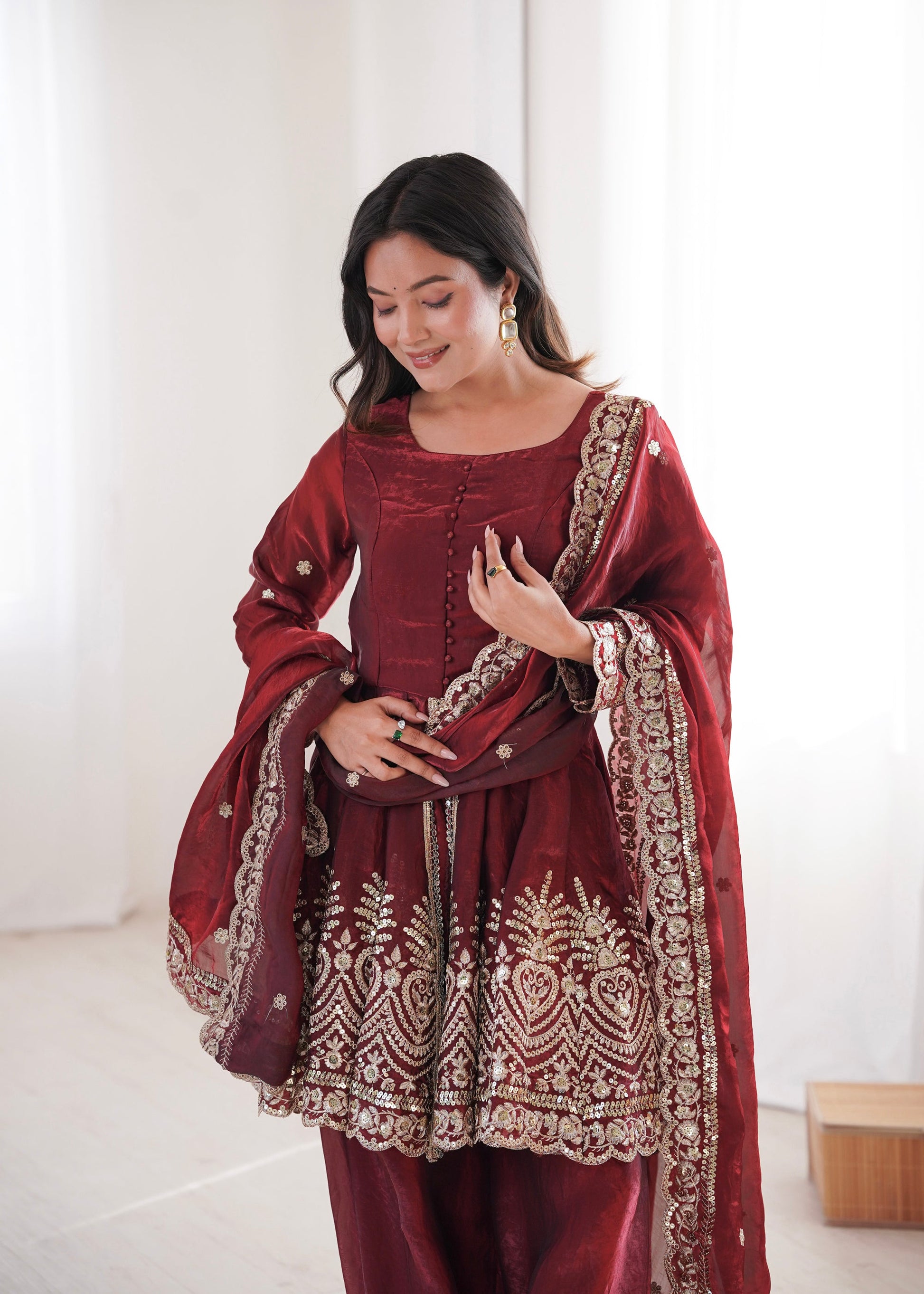 Lorenvalley Fashion Maroon Fendy Satin Embroidery Sequins work with Real Mirror Kurta Palazzo with Dupatta