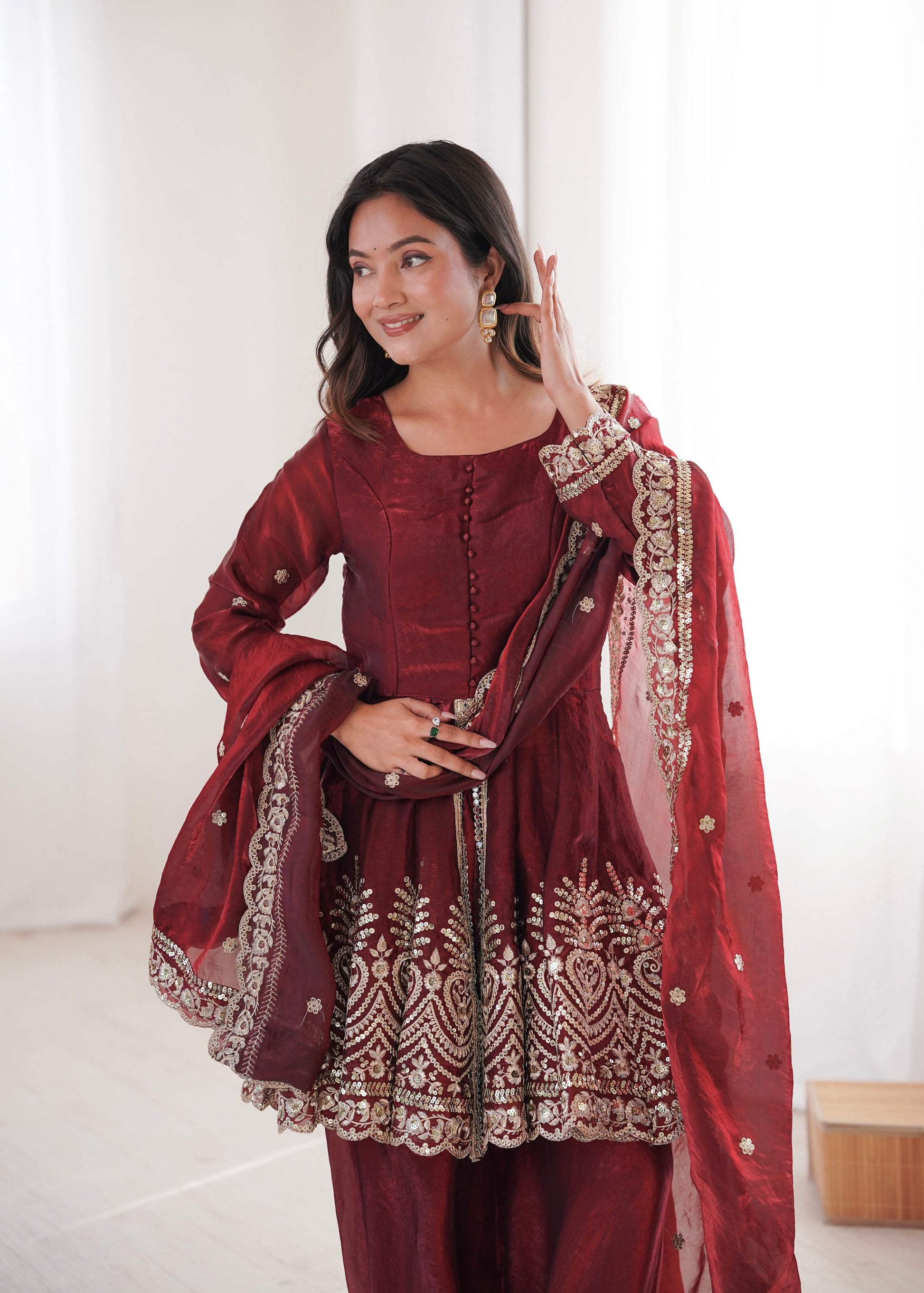 Lorenvalley Fashion Maroon Fendy Satin Embroidery Sequins work with Real Mirror Kurta Palazzo with Dupatta