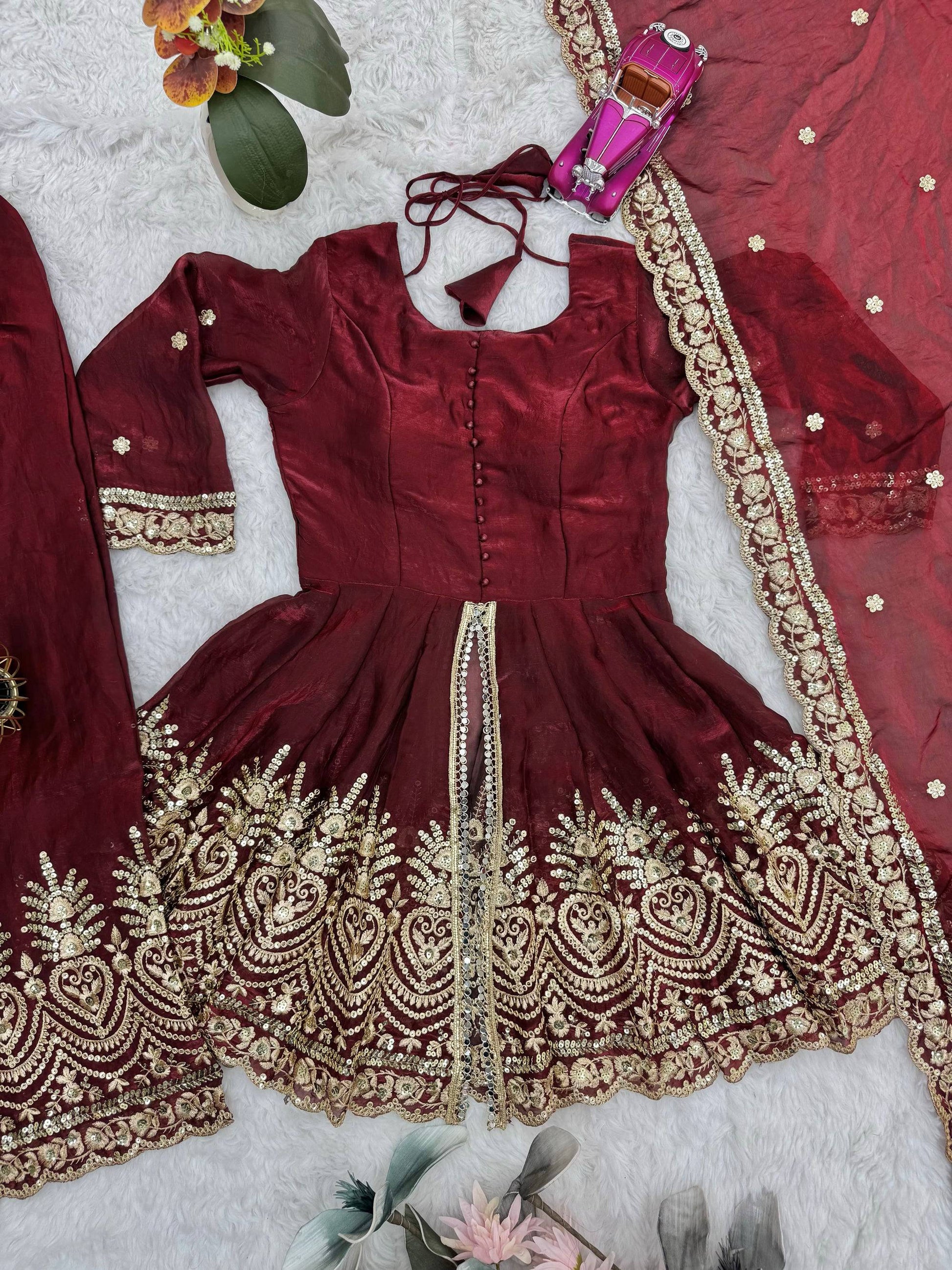 Lorenvalley Fashion Maroon Fendy Satin Embroidery Sequins work with Real Mirror Kurta Palazzo with Dupatta