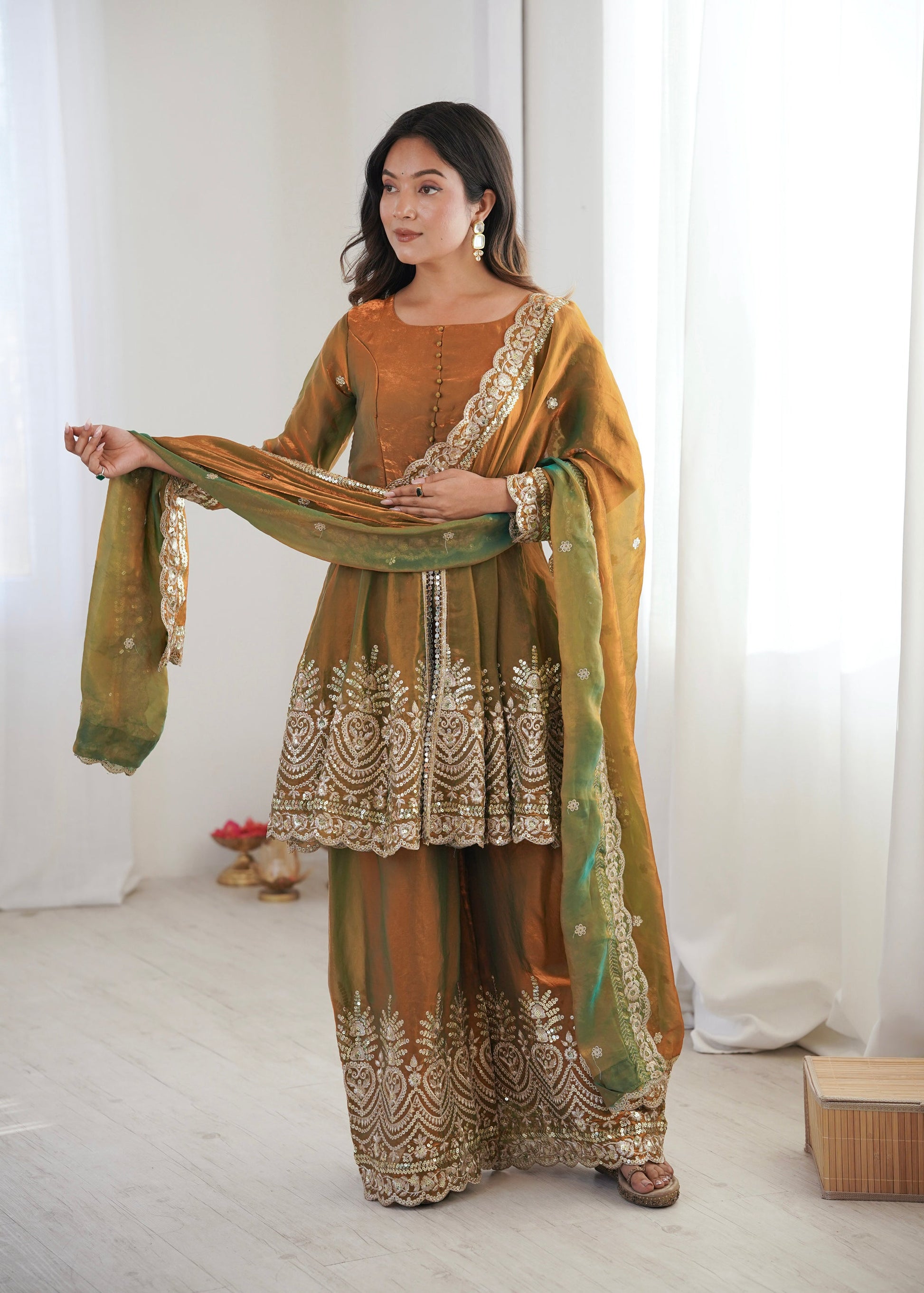 Lorenvalley Fashion Mehendi Fendy Satin Embroidery Sequins work with Real Mirror Kurta Palazzo with Dupatta