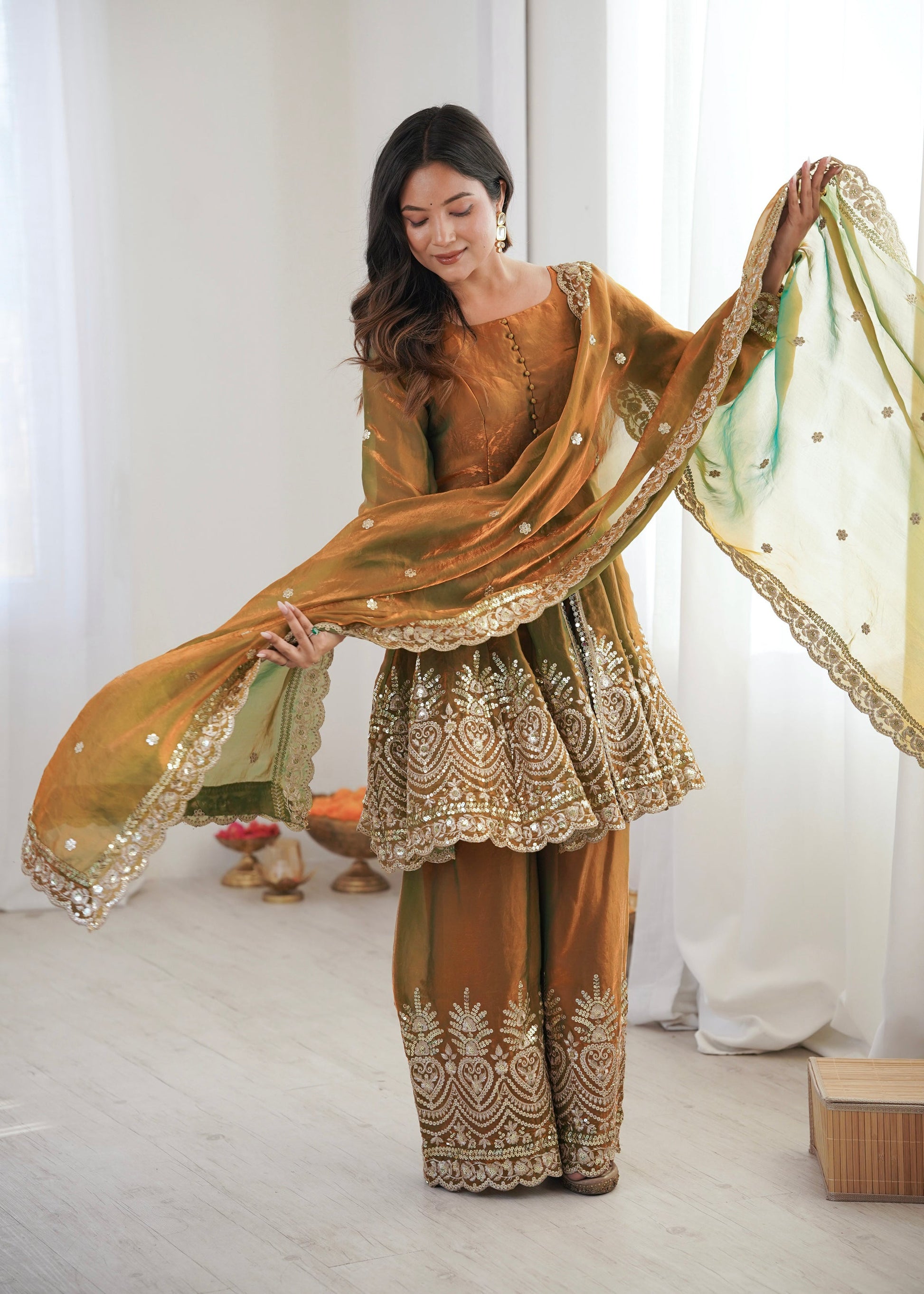 Lorenvalley Fashion Mehendi Fendy Satin Embroidery Sequins work with Real Mirror Kurta Palazzo with Dupatta