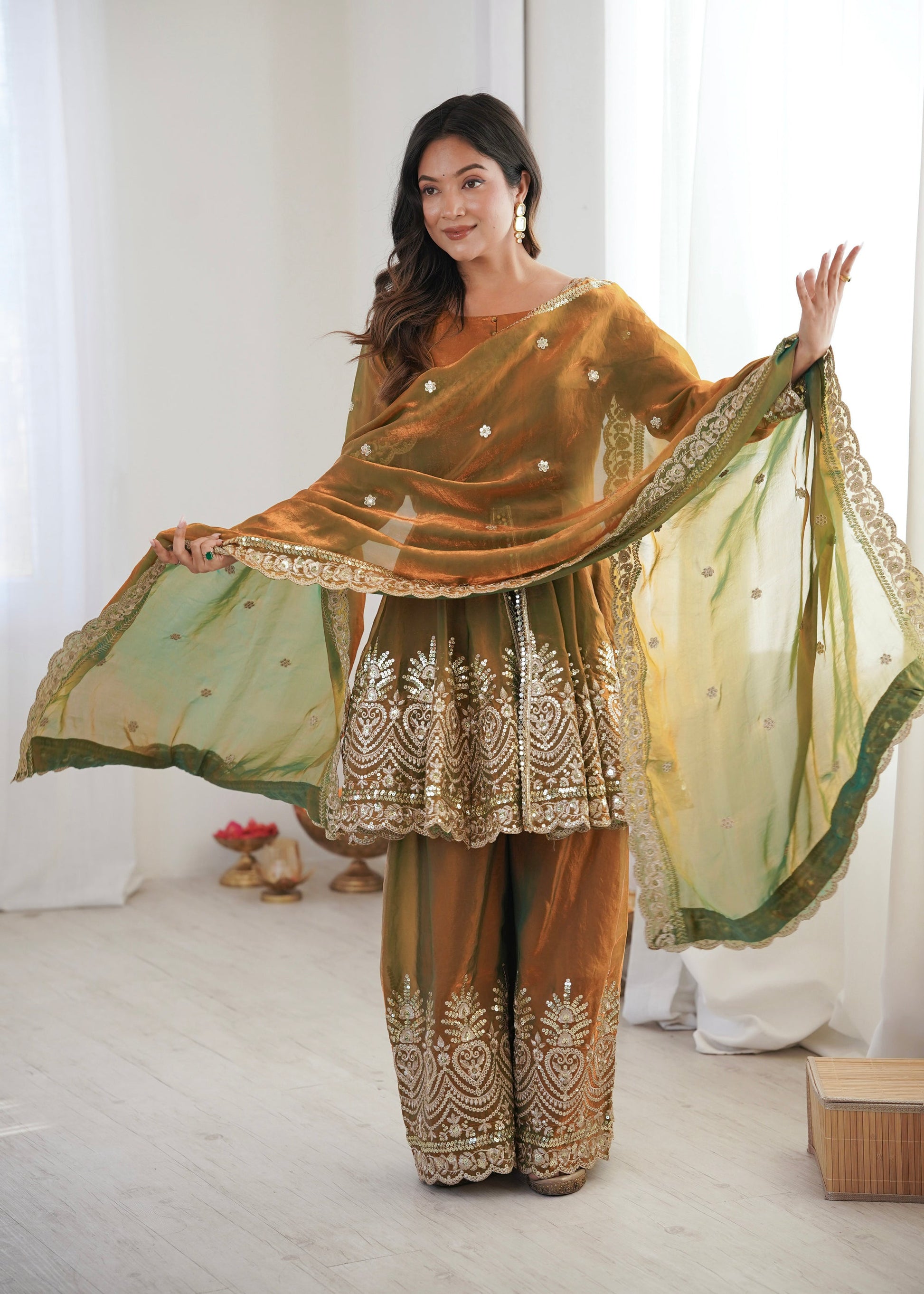 Lorenvalley Fashion Mehendi Fendy Satin Embroidery Sequins work with Real Mirror Kurta Palazzo with Dupatta