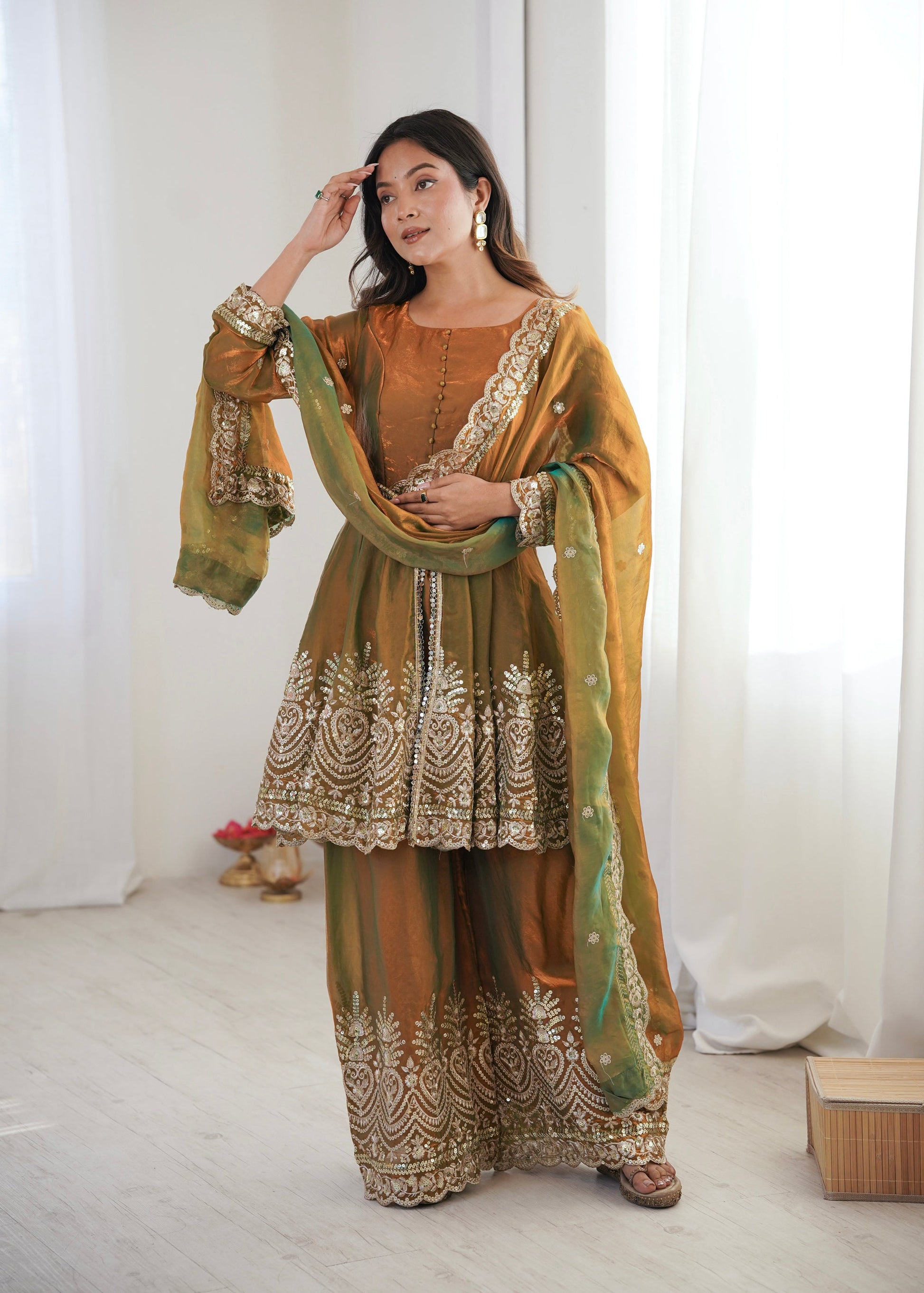 Lorenvalley Fashion Mehendi Fendy Satin Embroidery Sequins work with Real Mirror Kurta Palazzo with Dupatta