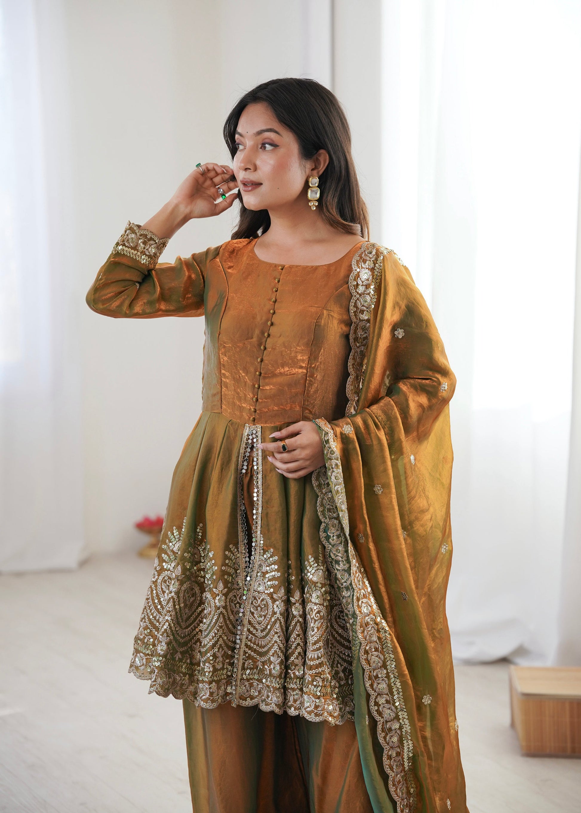 Lorenvalley Fashion Mehendi Fendy Satin Embroidery Sequins work with Real Mirror Kurta Palazzo with Dupatta