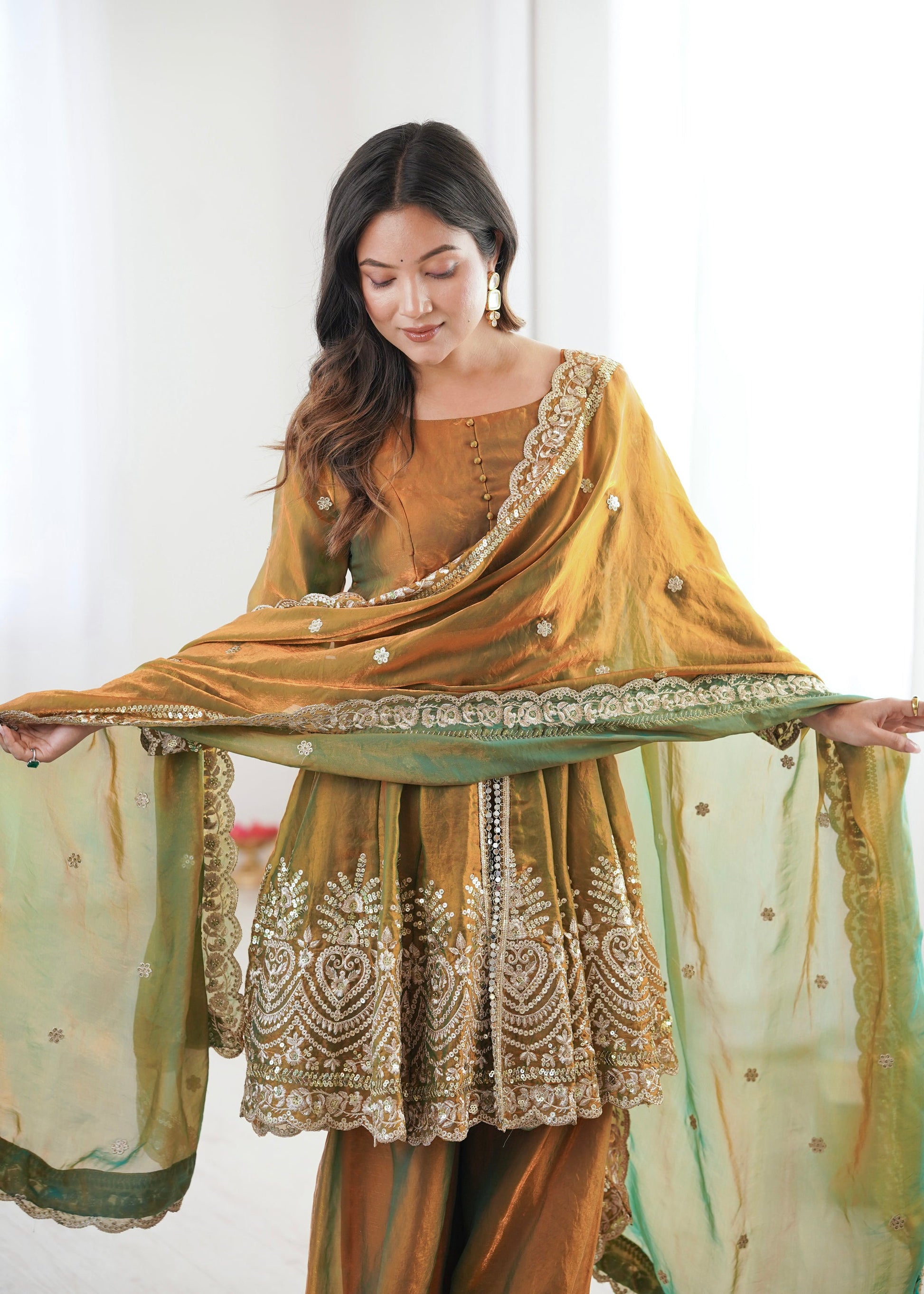 Lorenvalley Fashion Mehendi Fendy Satin Embroidery Sequins work with Real Mirror Kurta Palazzo with Dupatta
