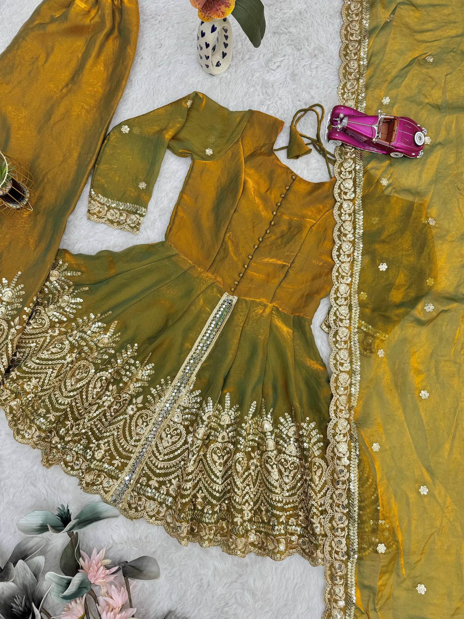 Lorenvalley Fashion Mehendi Fendy Satin Embroidery Sequins work with Real Mirror Kurta Palazzo with Dupatta