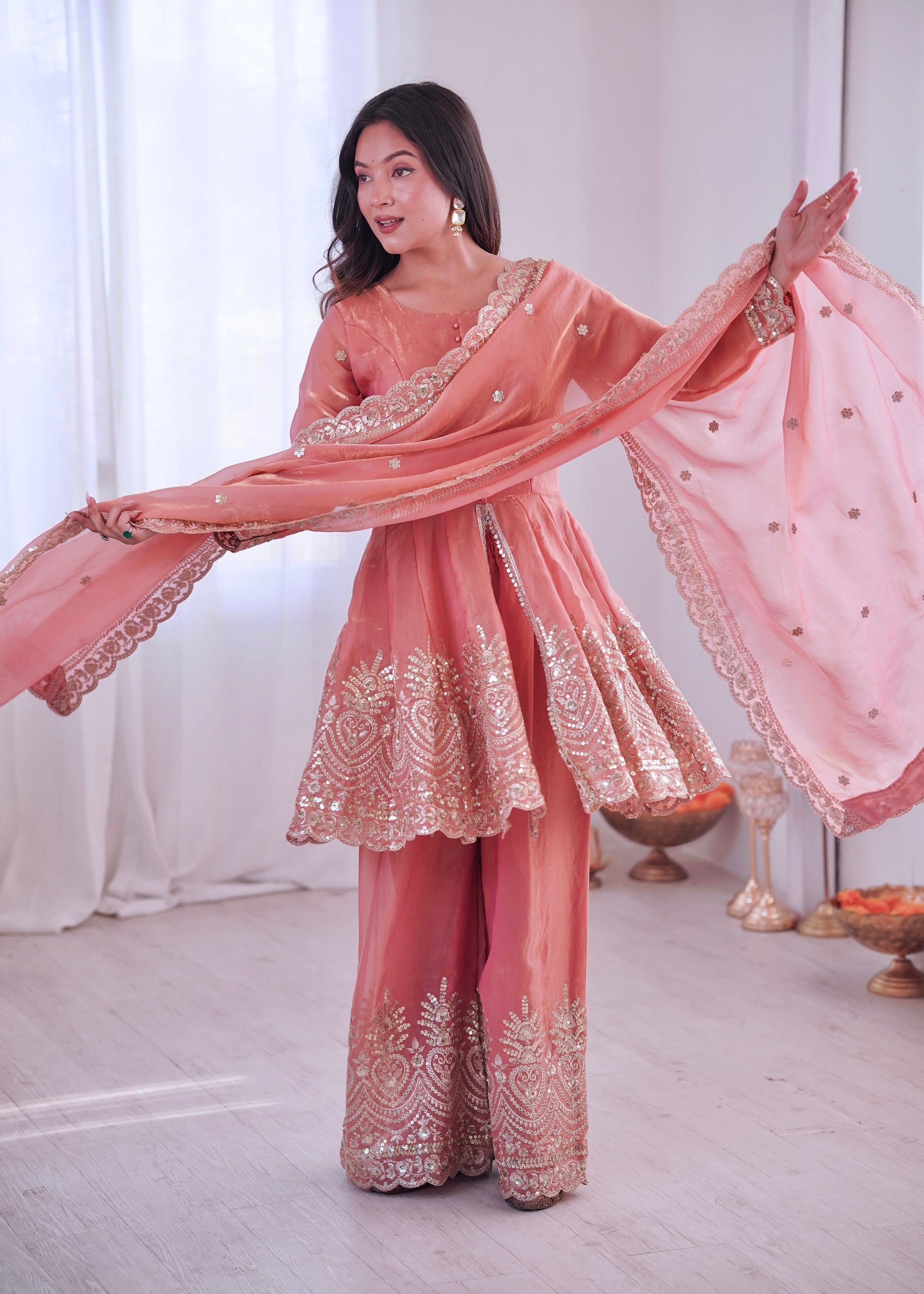 Lorenvalley Fashion Peach Fendy Satin Embroidery Sequins work with Real Mirror Kurta Palazzo with Dupatta