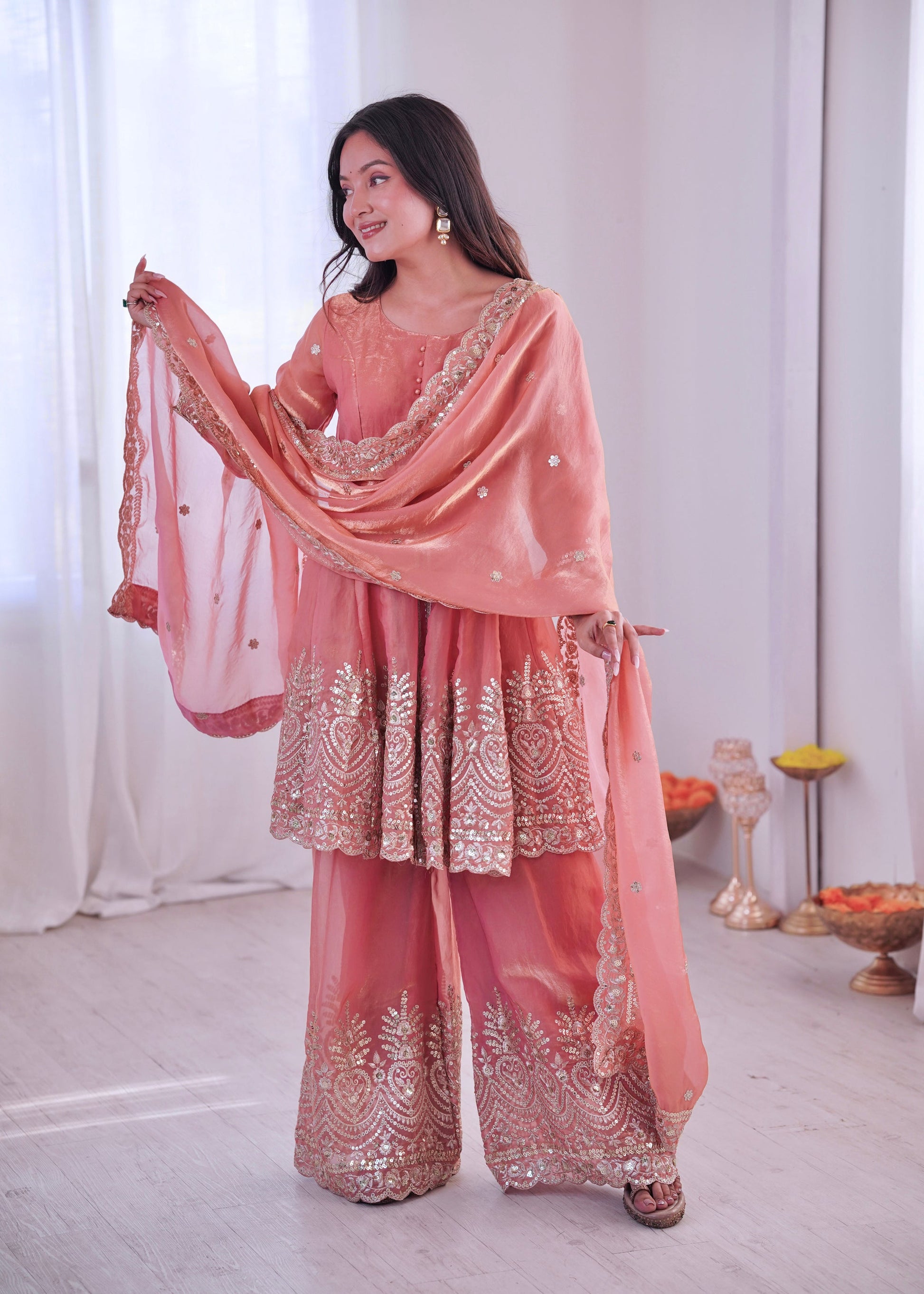 Lorenvalley Fashion Peach Fendy Satin Embroidery Sequins work with Real Mirror Kurta Palazzo with Dupatta