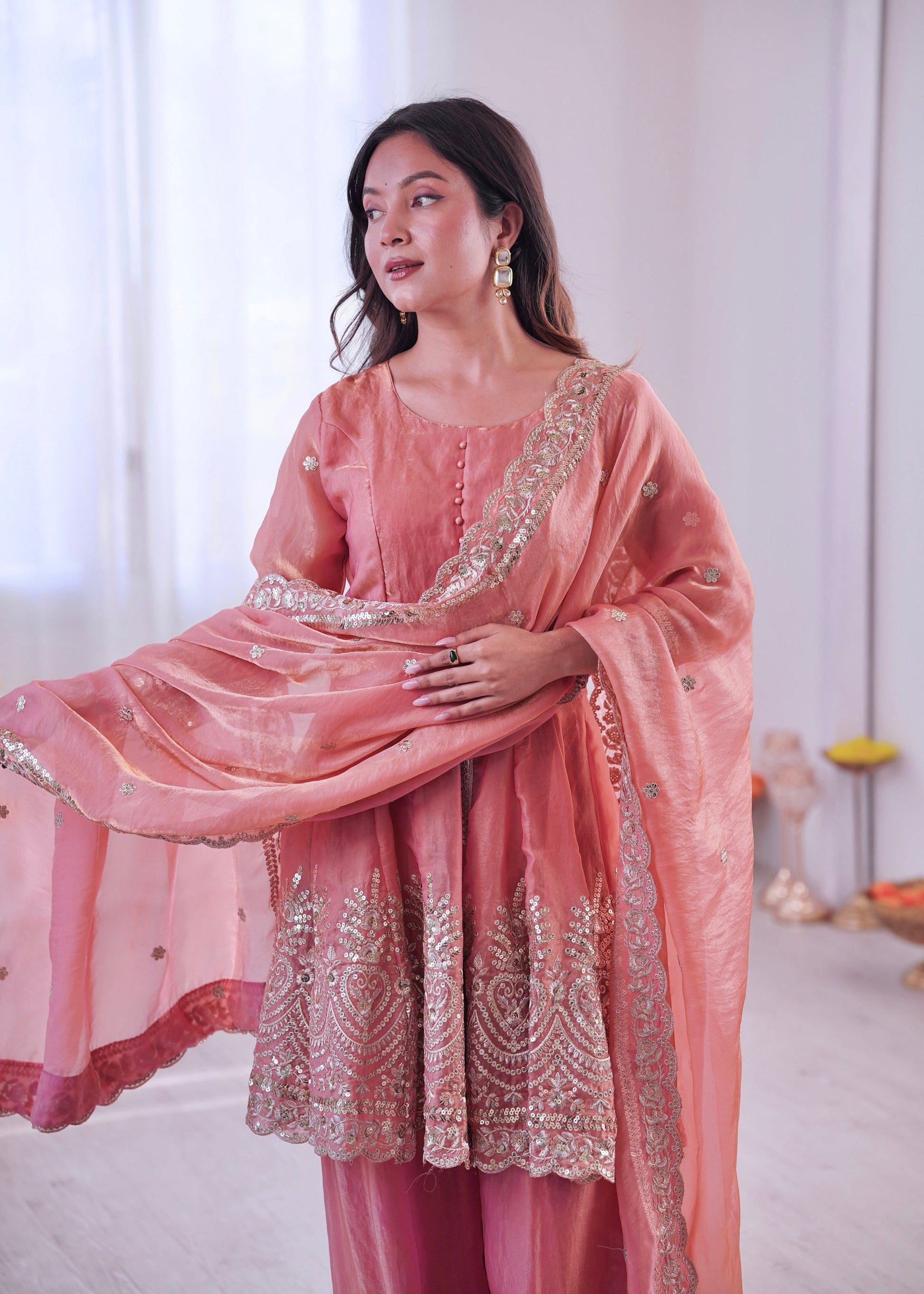 Lorenvalley Fashion Peach Fendy Satin Embroidery Sequins work with Real Mirror Kurta Palazzo with Dupatta