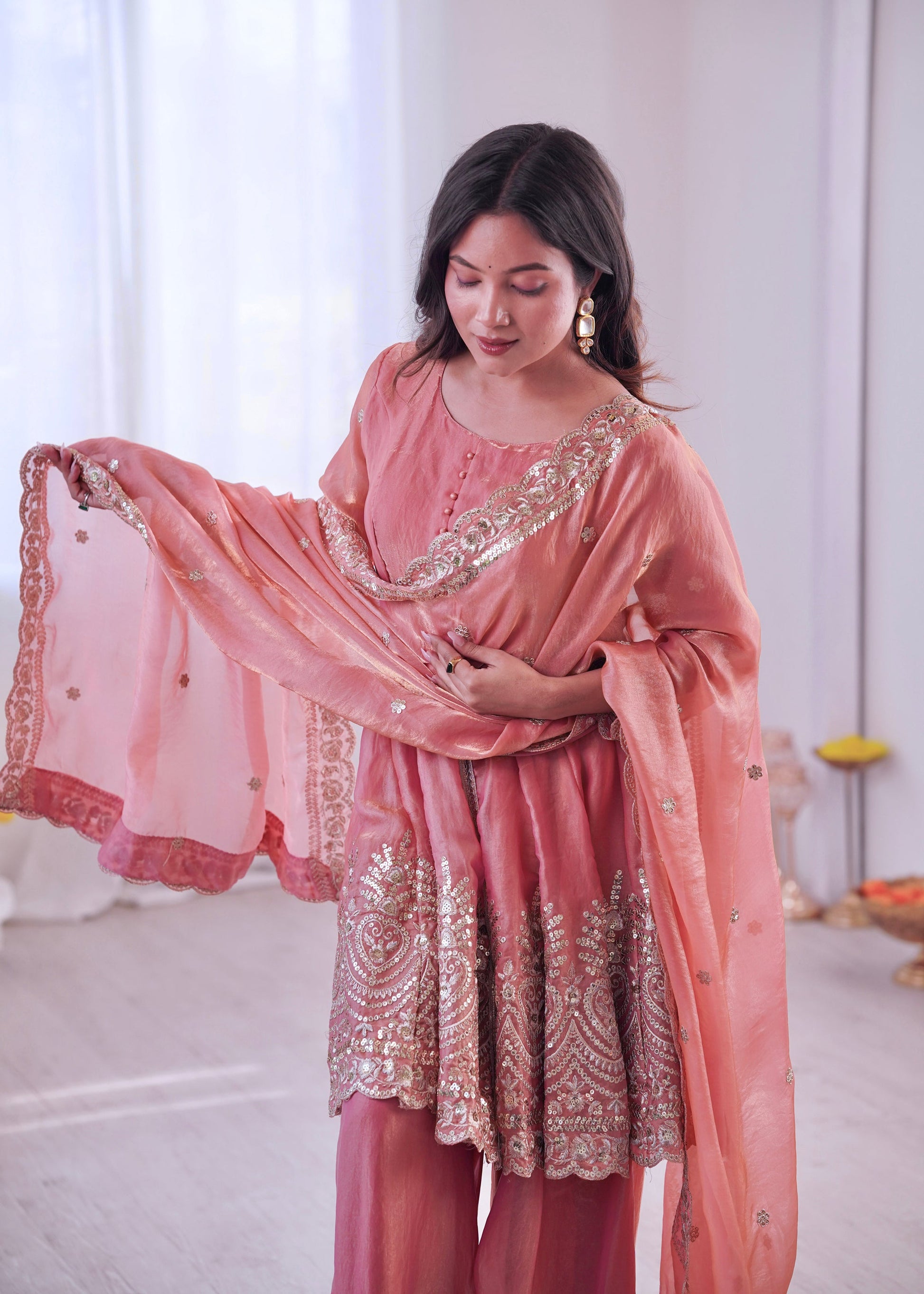 Lorenvalley Fashion Peach Fendy Satin Embroidery Sequins work with Real Mirror Kurta Palazzo with Dupatta