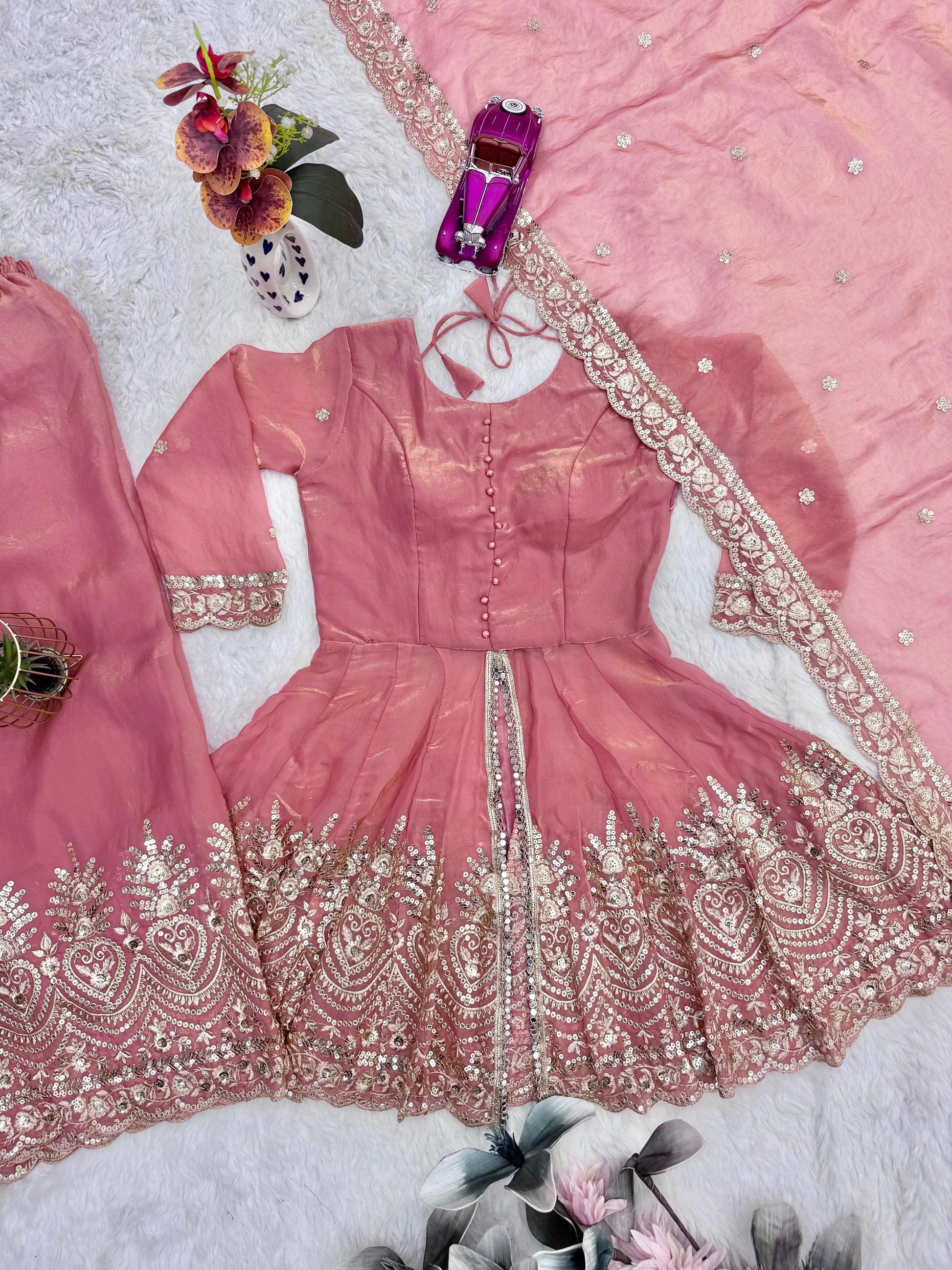 Lorenvalley Fashion Peach Fendy Satin Embroidery Sequins work with Real Mirror Kurta Palazzo with Dupatta