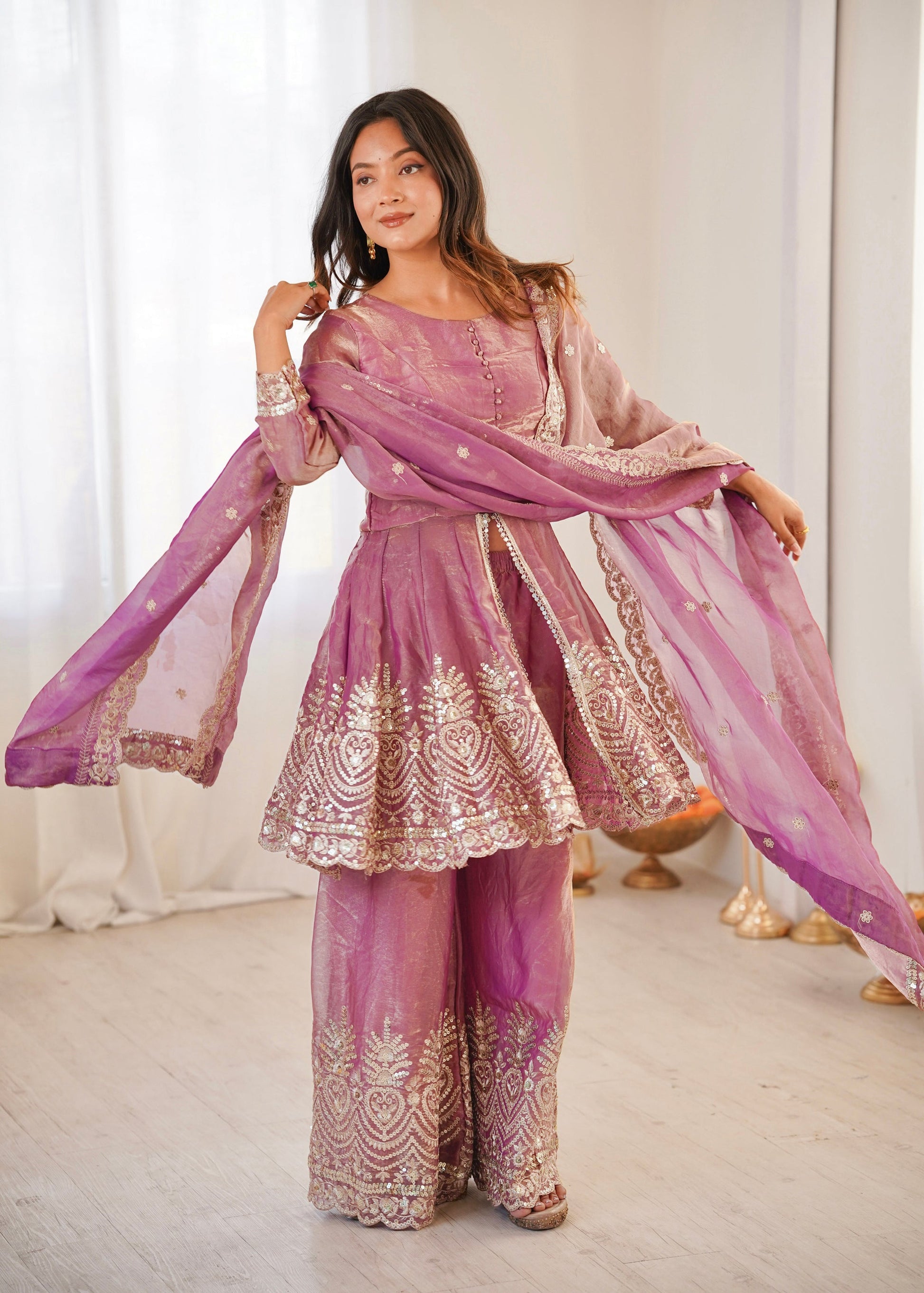 Lorenvalley Fashion Pink Fendy Satin Embroidery Sequins work with Real Mirror Kurta Palazzo with Dupatta