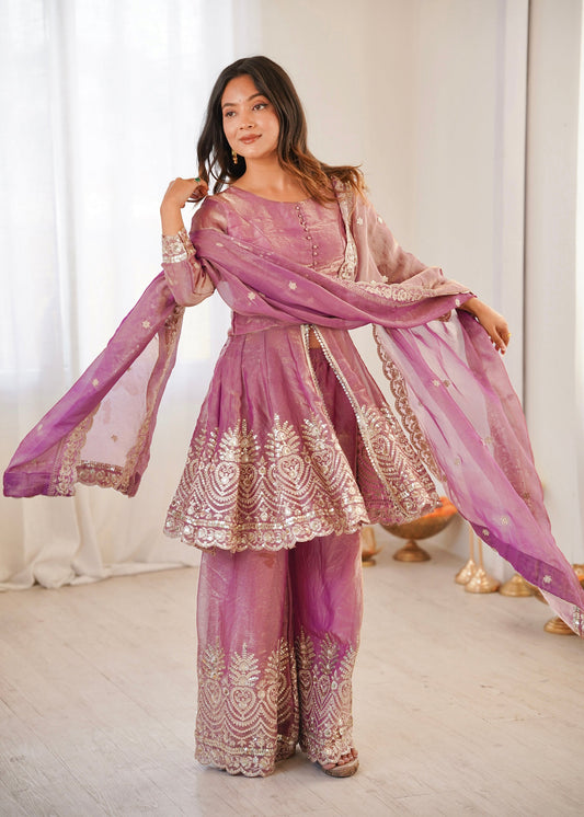Lorenvalley Fashion Pink Fendy Satin Embroidery Sequins work with Real Mirror Kurta Palazzo with Dupatta