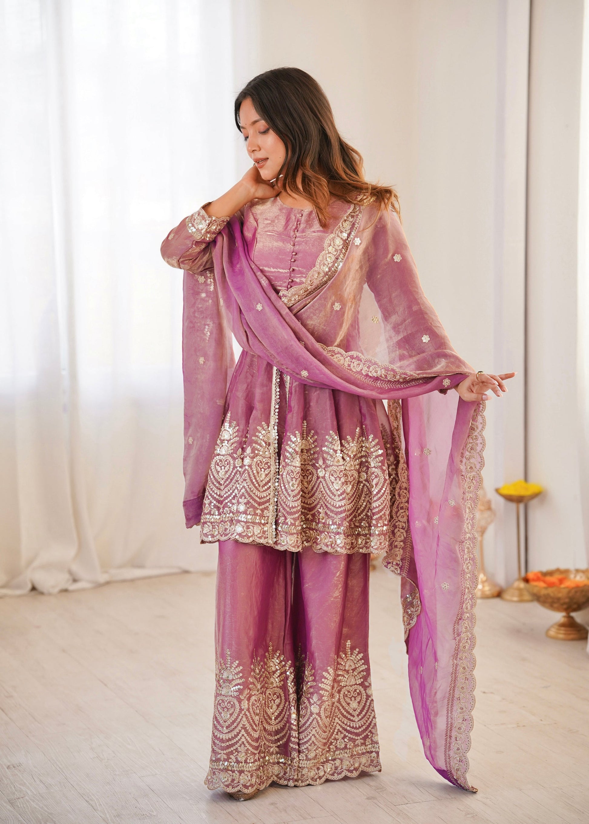 Lorenvalley Fashion Pink Fendy Satin Embroidery Sequins work with Real Mirror Kurta Palazzo with Dupatta