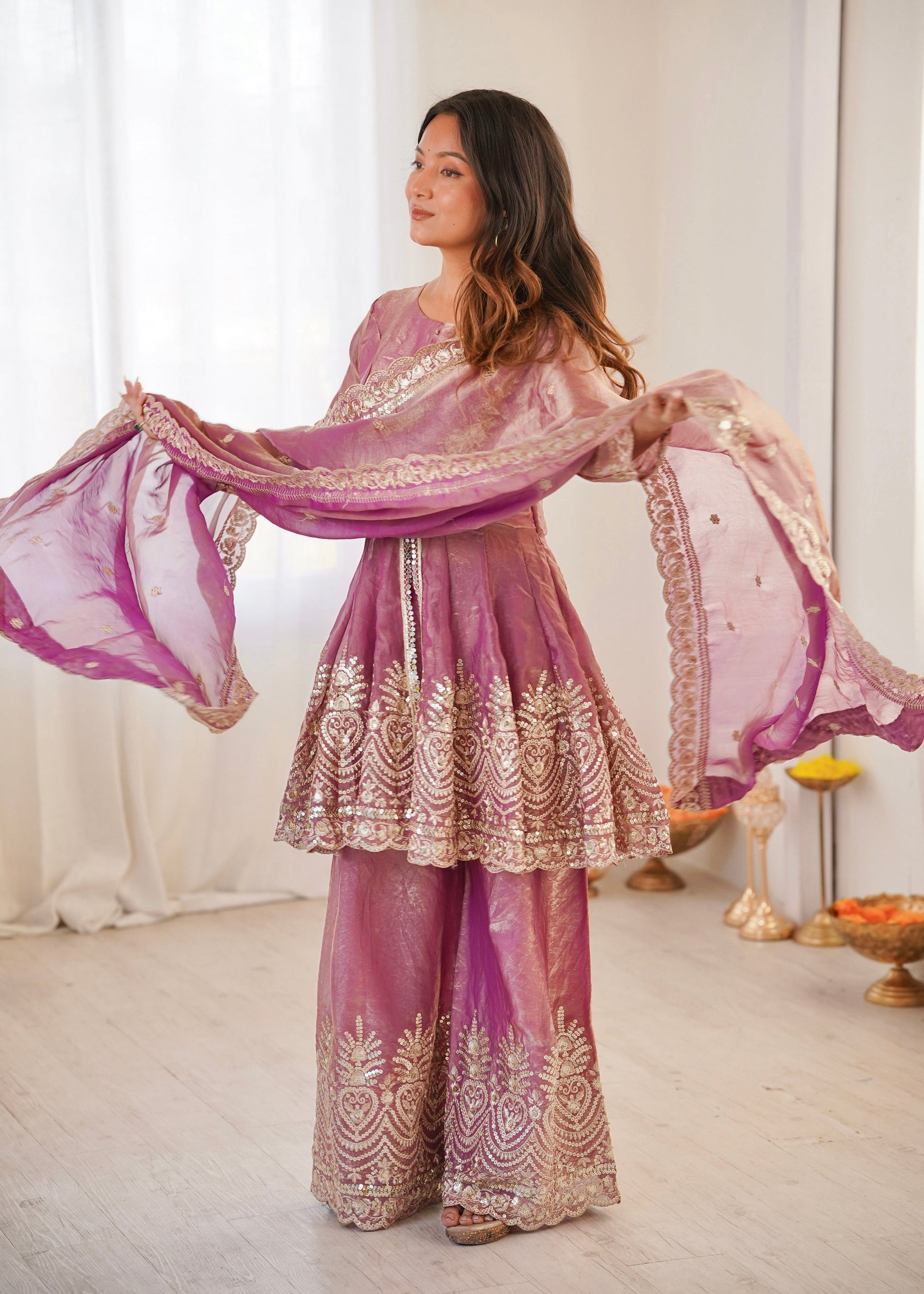 Lorenvalley Fashion Pink Fendy Satin Embroidery Sequins work with Real Mirror Kurta Palazzo with Dupatta