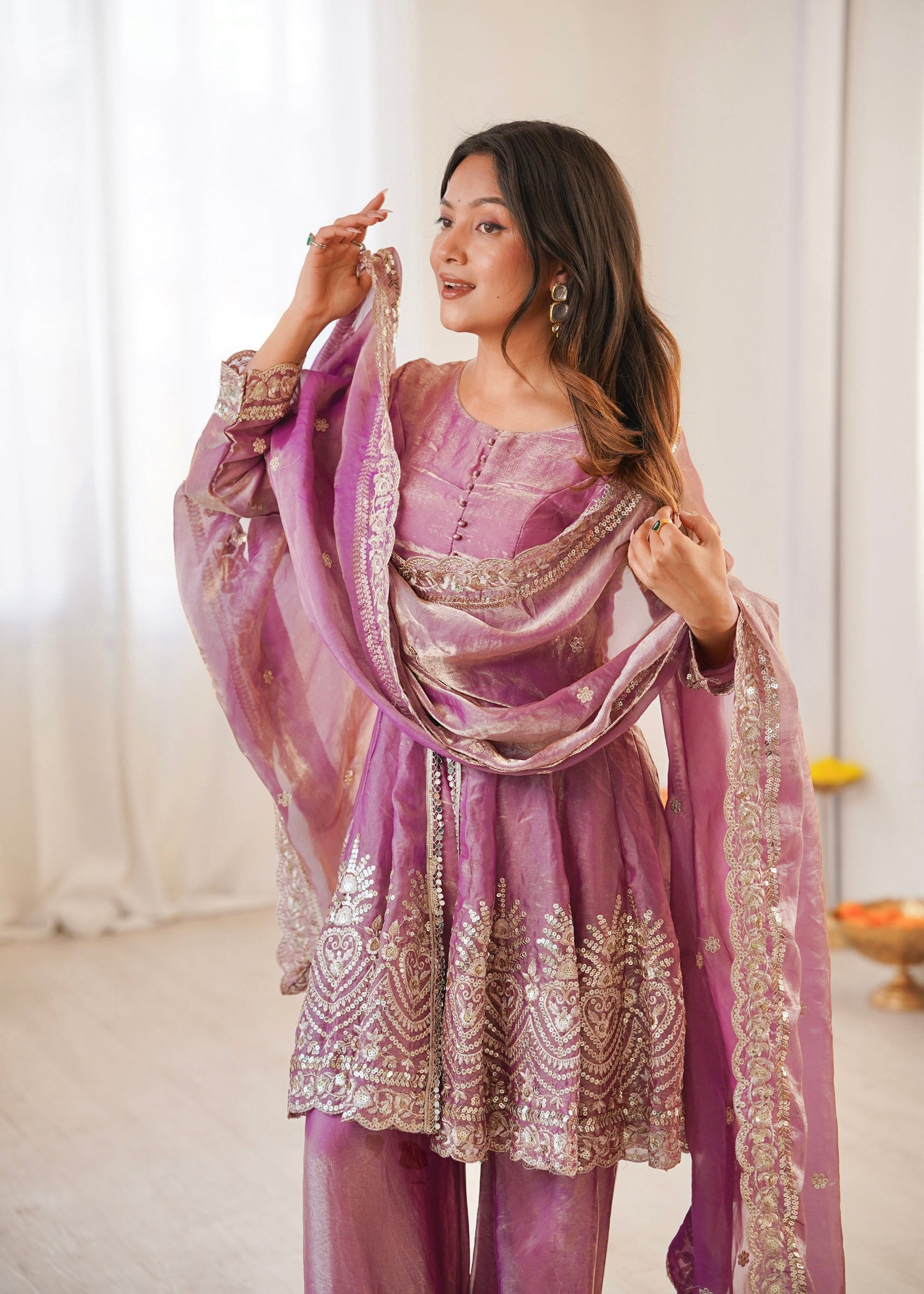 Lorenvalley Fashion Pink Fendy Satin Embroidery Sequins work with Real Mirror Kurta Palazzo with Dupatta