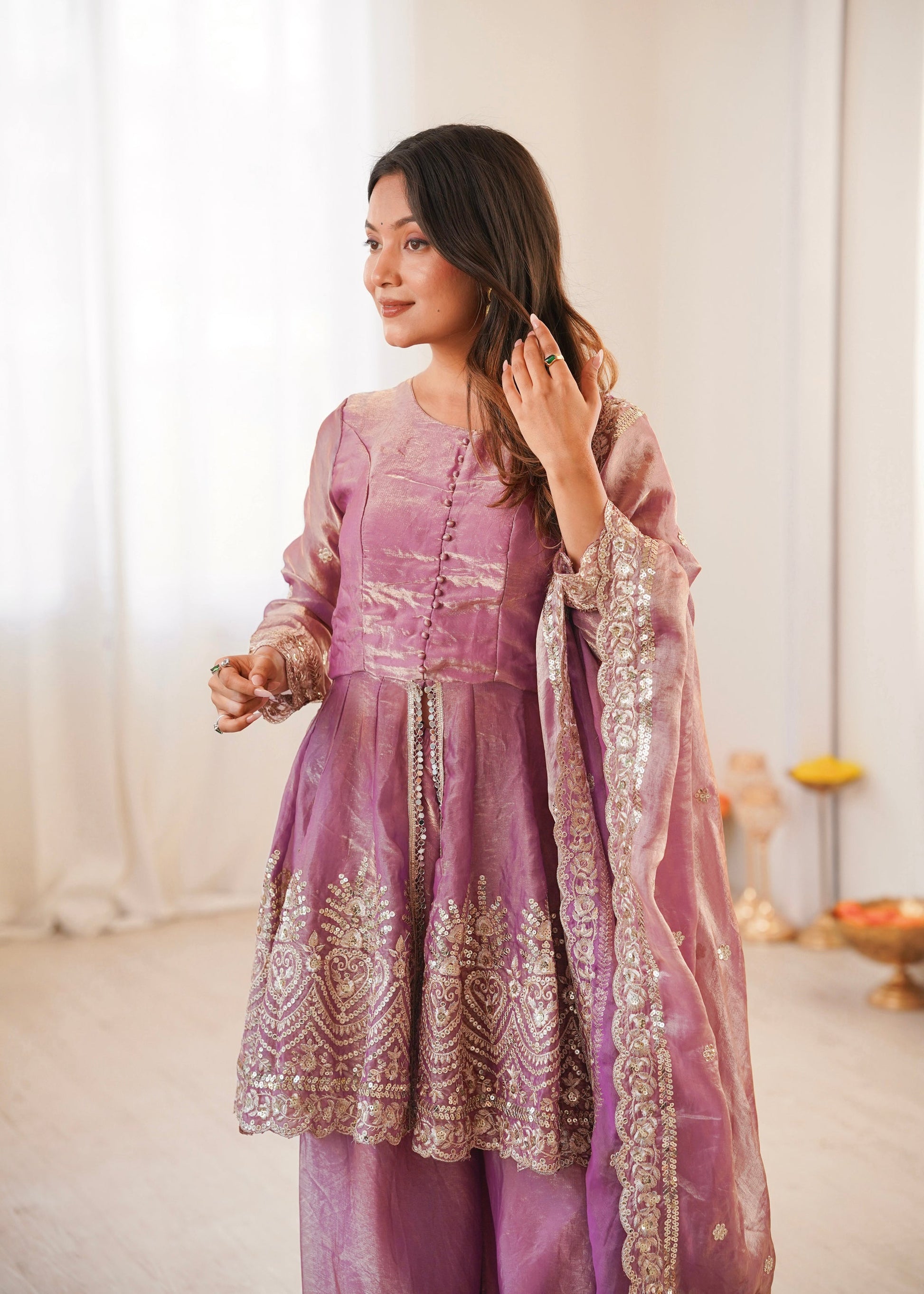 Lorenvalley Fashion Pink Fendy Satin Embroidery Sequins work with Real Mirror Kurta Palazzo with Dupatta